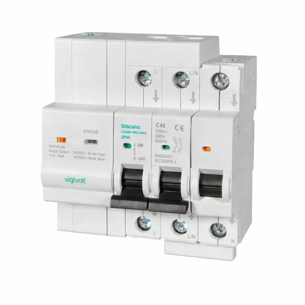 TOSCANO Vigivolt 10004923 COMBI-PRO-MAX-2P40 - Backup y Modo Isla - Sistema de Control y Protección para Instalaciones Fotovoltaicas - 2P 40A 6KA 230VAC con Protección de Sobretensiones
