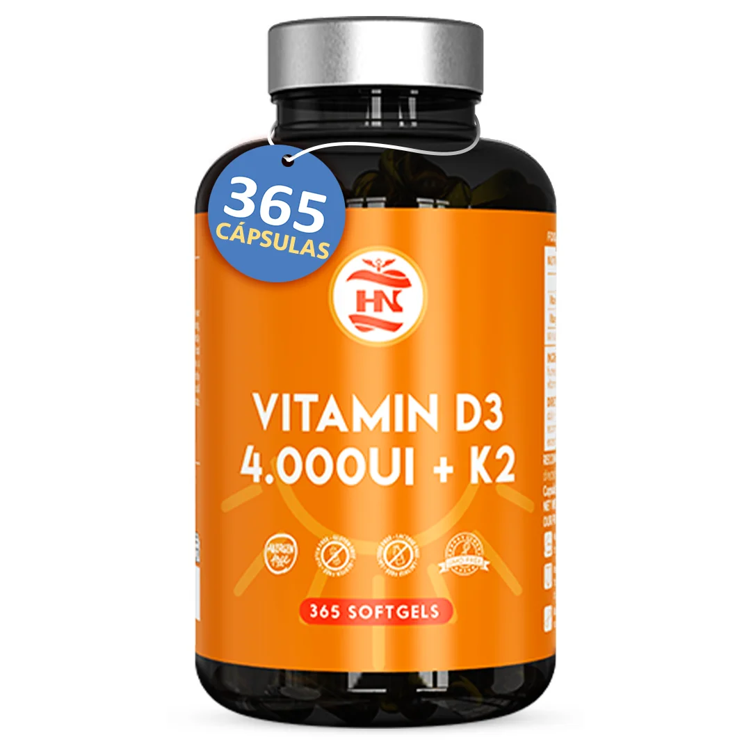 Vitamina D - 365 Cápsulas de vitamina D3 K2 – Vitamina D (4000 UI) altamente concentrada. Favorece la función inmunológica y ósea - 365 cápsulas
