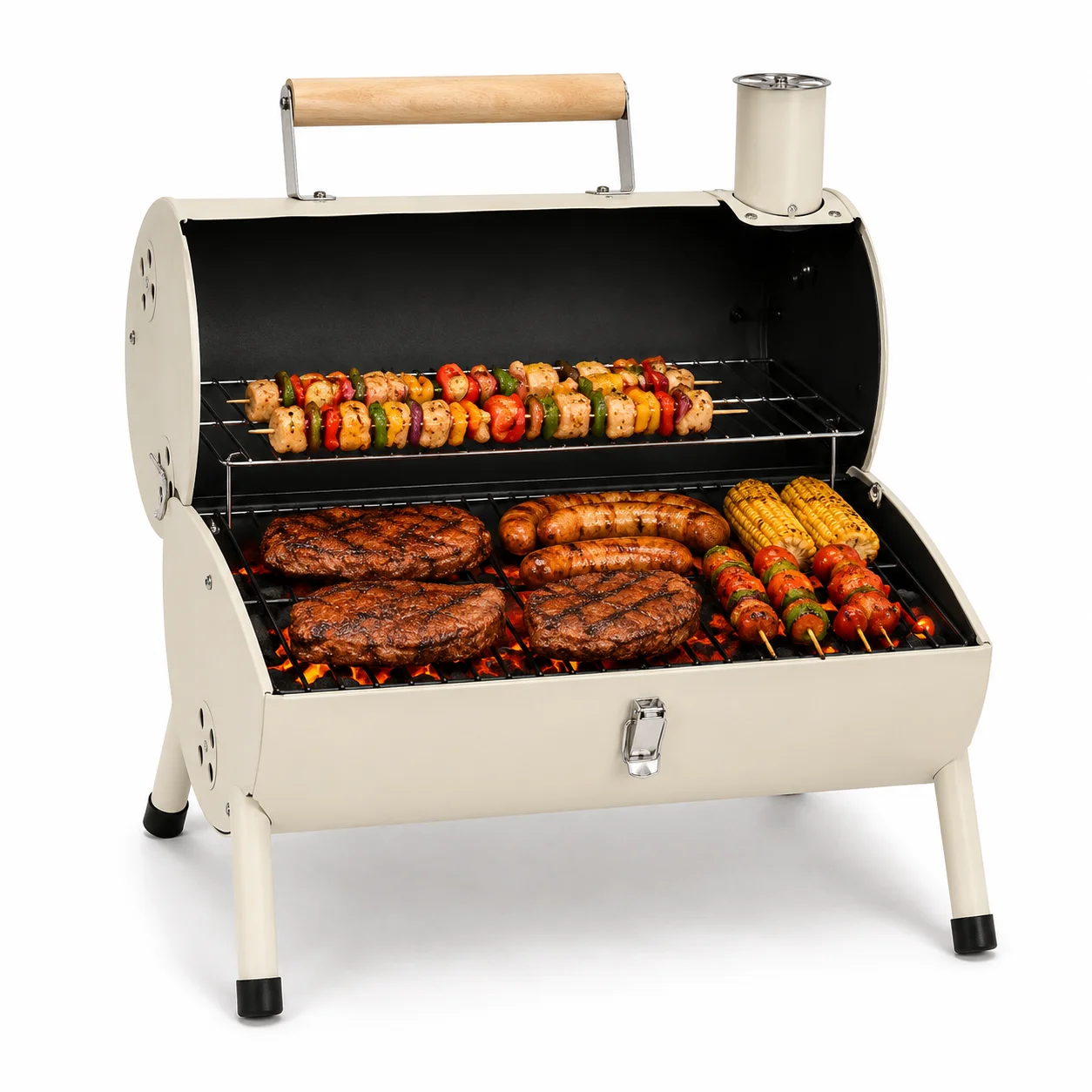 Barbacoa de Carbón Portátil y Plegable, Parrilla BBQ Tipo Barril para 3-5 Personas con Chimenea Ajustable y Asa de Madera, Barbacoa Exterior para Jardín, Camping y Picnic