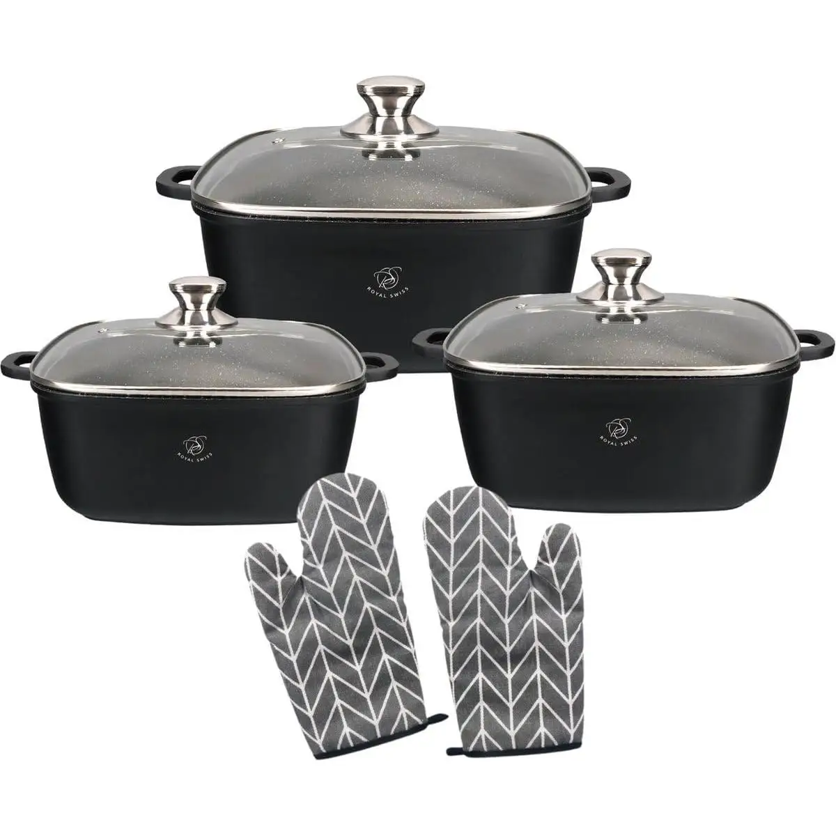 Juego de ollas cuadradas Royal Swiss de 3 piezas con 3 tapas de vidrio y 1 juego de guantes, aptas para inducción