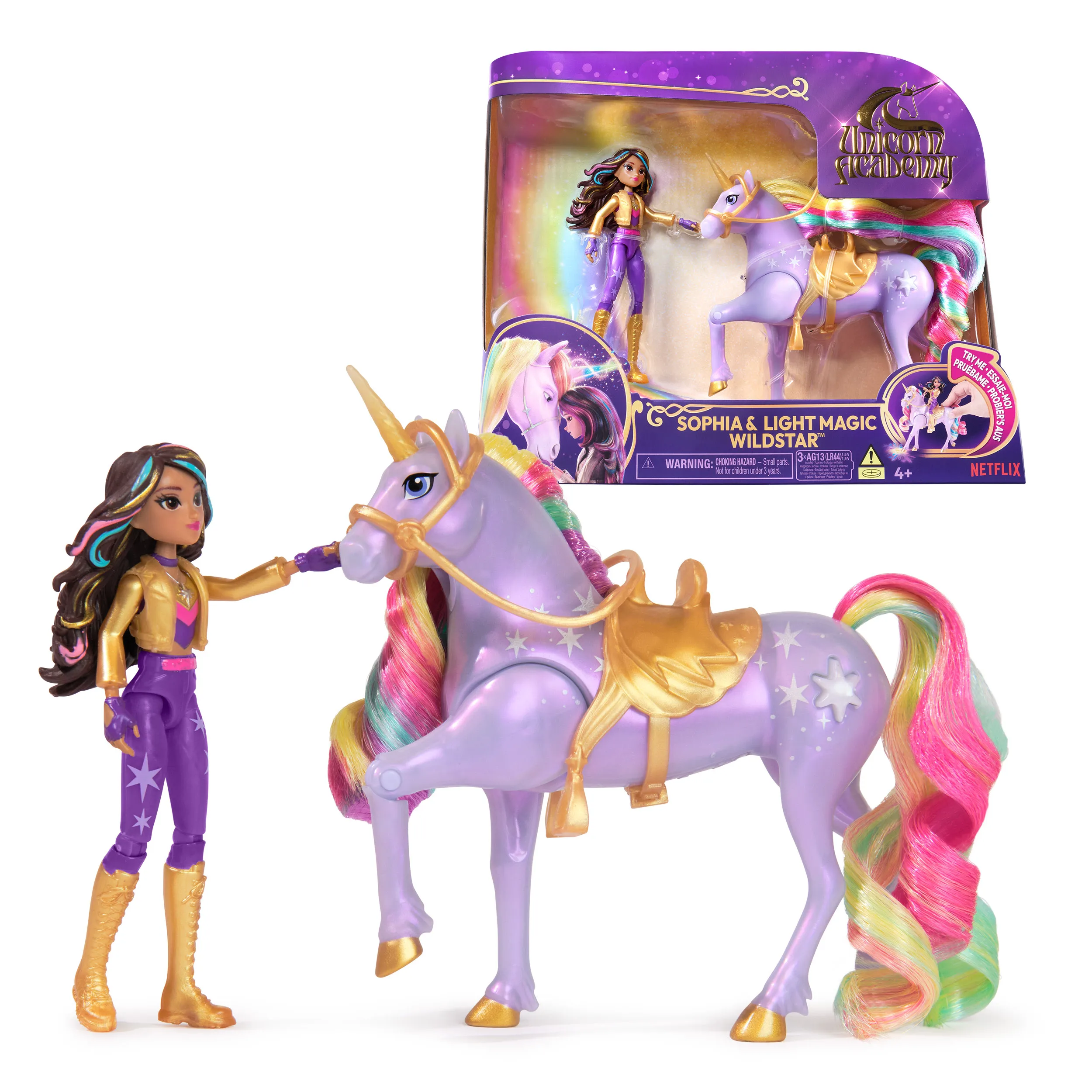 SPIN MASTER - Unicorn Academy, Sophia & Light Magic Wildstar con efectos de iluminación de arcoíris, 2 accesorios para montar, muñecas y juguetes de unicornio para niñas y niños de 4 años en adelante