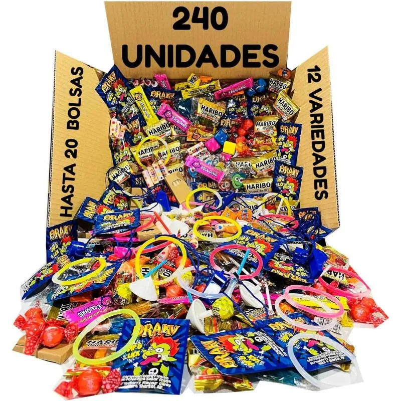 Deliex delicacies of Extremadura. Pack 240 sweets and toys for children's birthday, stuffed for Piñatas. Ideal for birthday bags, parties, Christmas and Halloween.