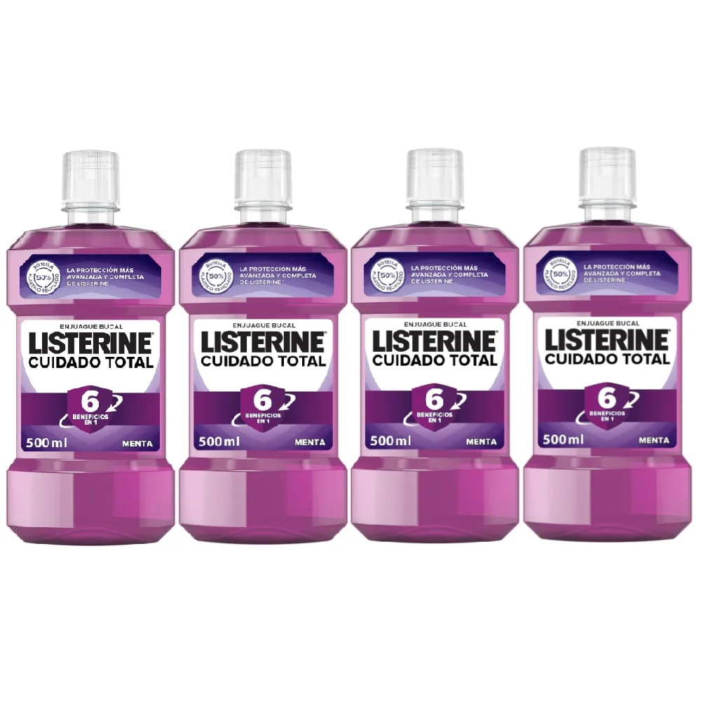 Listerine Enjuague Bucal Cuidado Total 500ml, Pack Ahorro 4x500ml, Colutorio con flúor, 6 beneficios en 1, Elixir Bucal para una Limpieza Bucal Completa