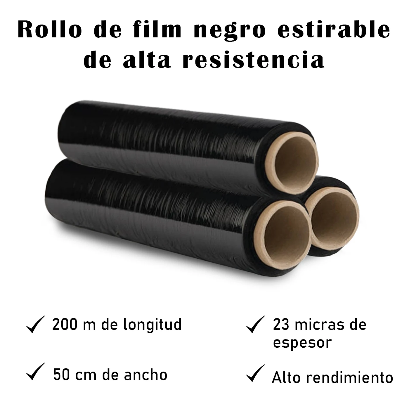 Transparent or black Film for packaging, Flexible and resistant 50cm x 200 meters, 23 microns thick. Industrial Packaging, shipments, moving, pallets.