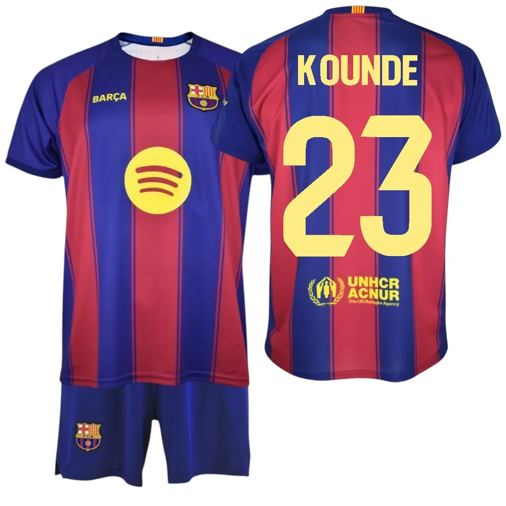 F.C Barcelona - Conjunto Camiseta y Pantalón Niño - Jugador KOUNDE Nº23 - Diseño Blaugrana Clásico - Escudo Bordado - Tejido Transpirable - Ideal para regalo