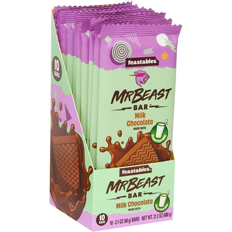 Chocolate Feastables MrBeast - 4 flavors: milk, Crunchy, Original and Deez Nutz or peanut. Choose between 10 or 4 Mr Beast Chocolate chocolates.