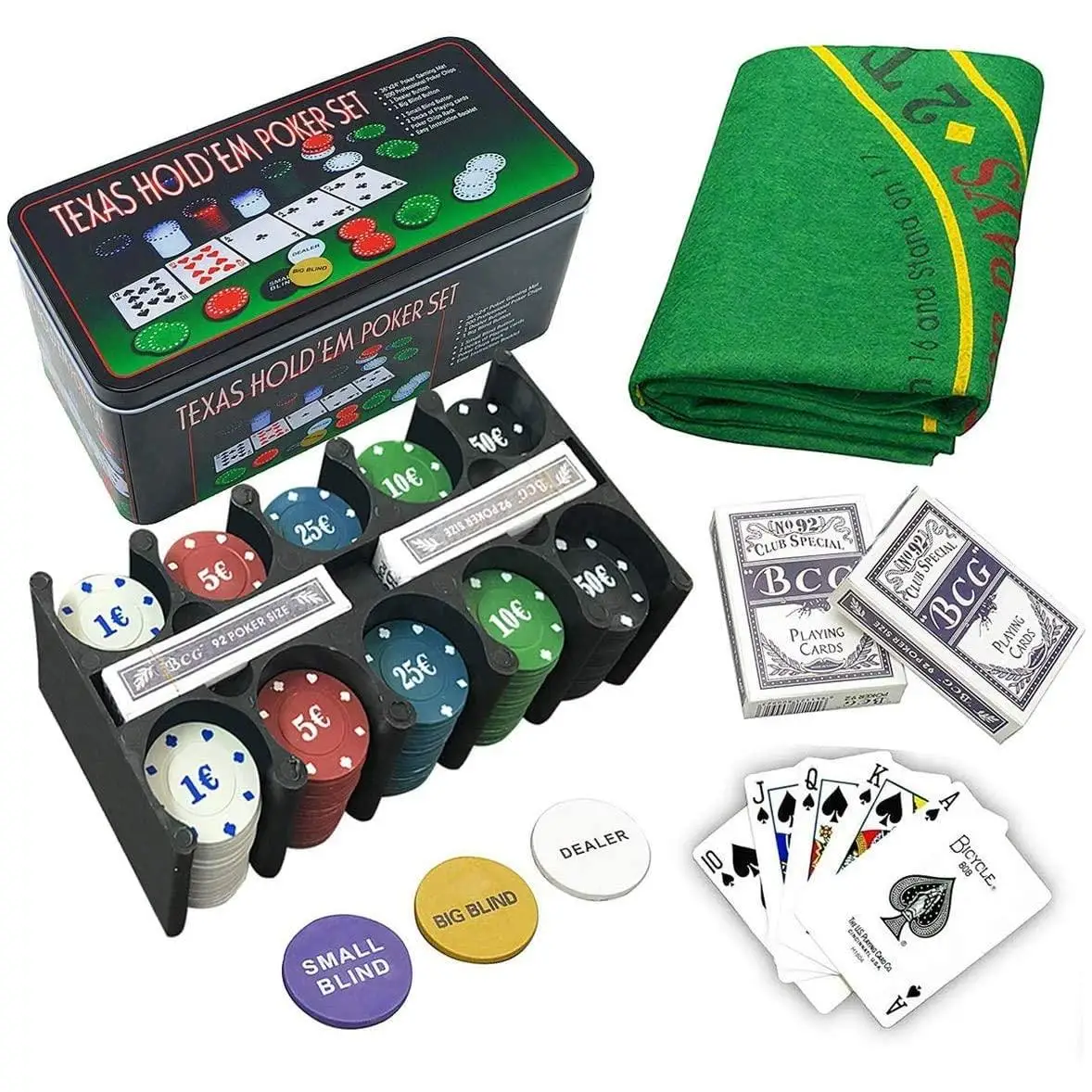 Various Poker Set Metal Box, 200 Poker Chips, 2 Decks, Divider Button, Small Blind, Large Blind, Play Mat