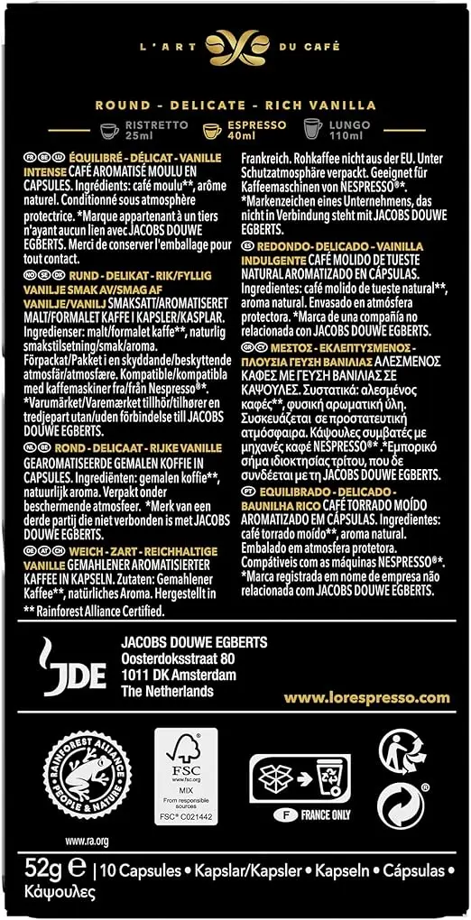 Pack 5 x l'or espresso coffee vanilla capsules 10 units compatible with nespresso machine - qumir