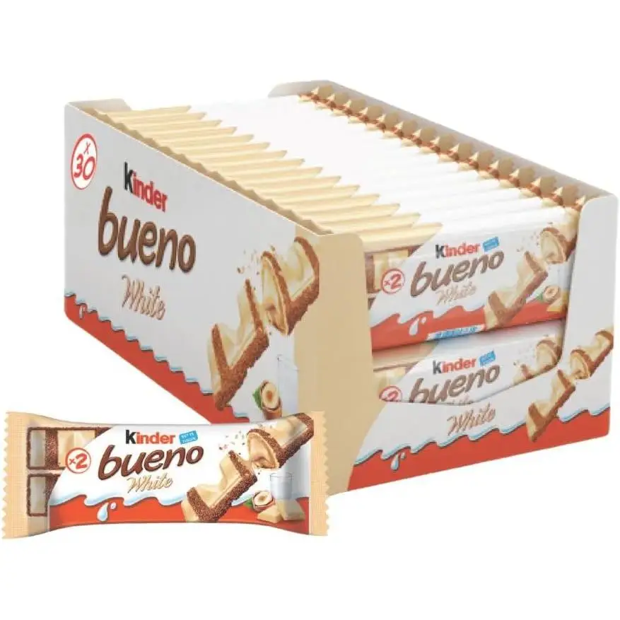 Kinder Bueno White Chocolate Blanco con Relleno Cremoso de Leche y Avellanas – Caja Ahorro de 30 Barritas Individuales de 39 g, Snack Dulce para Compartir