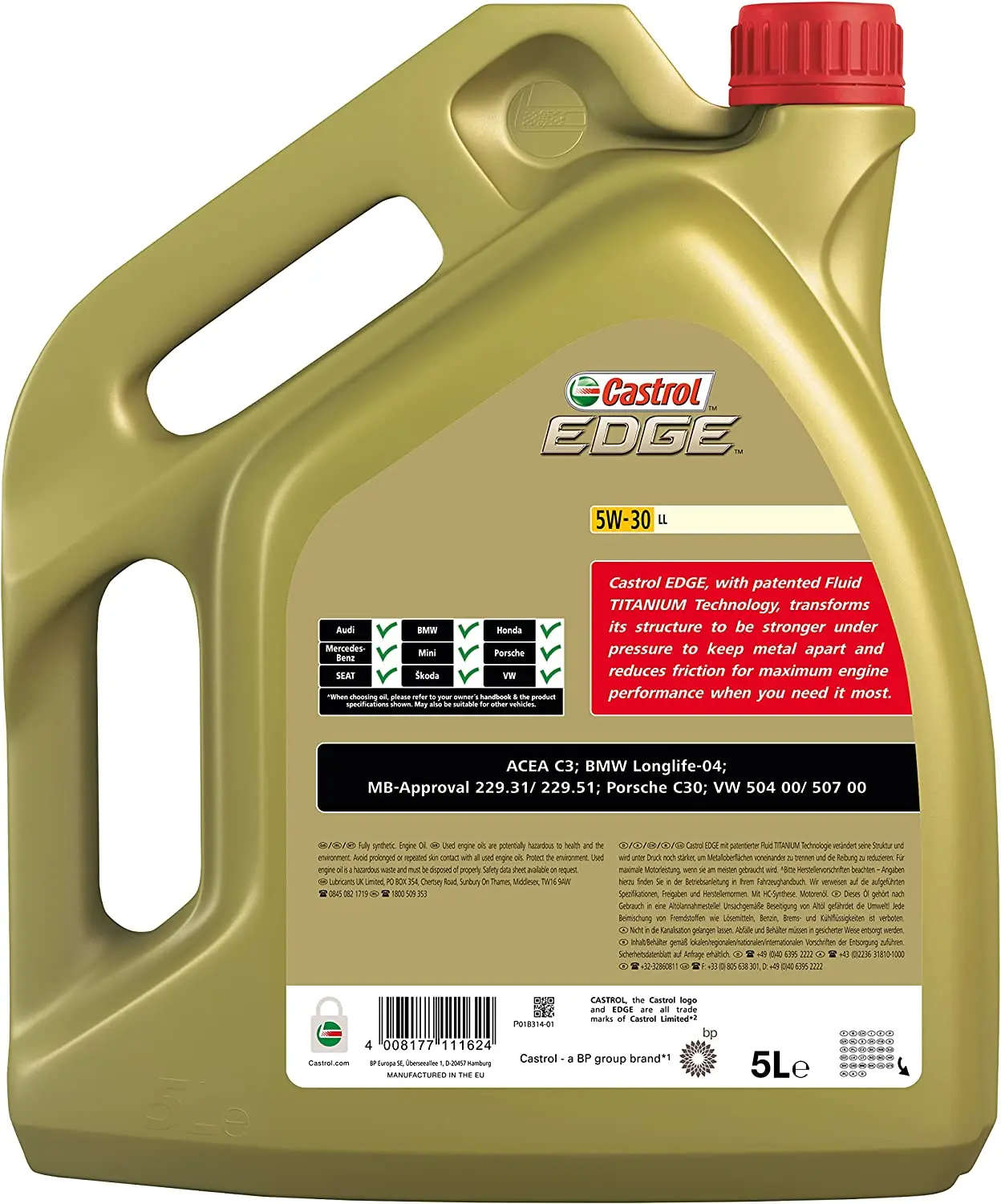 Castrol EDGE 5W-30 LL engine oil 5L fully synthetic to protect and improve engine performance