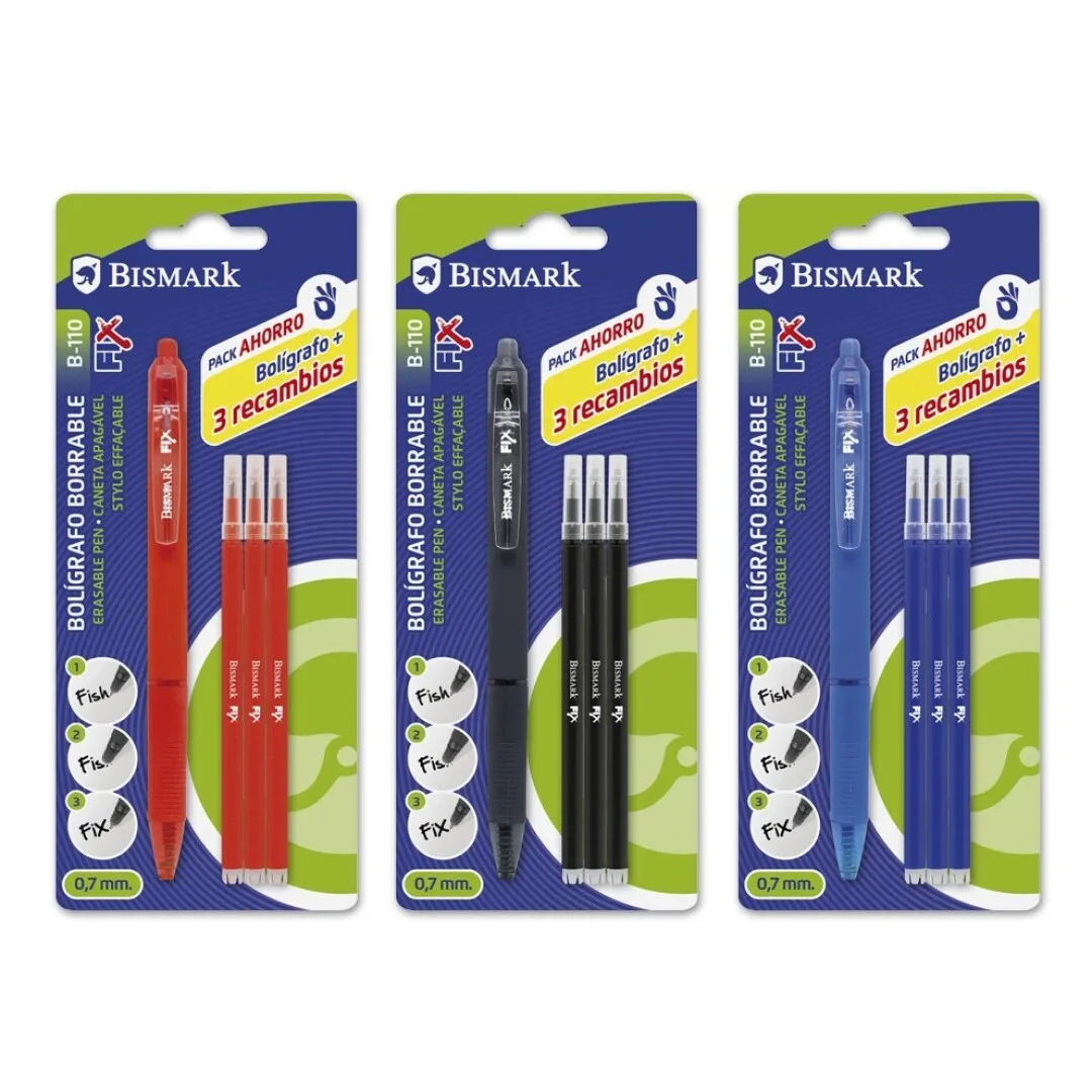 Bismark erasable pen with Clip plus 3 spare parts-color to choose between blue, red or black-sale per unit