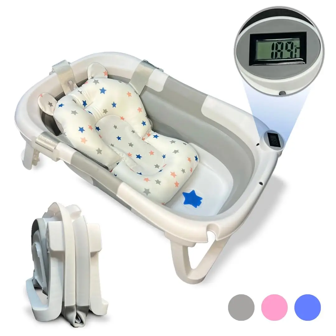 Ergonomic Design Portable Folding Baby Bathtub with Integrated Thermometer, Non-Slip Cushion and Safety Lid