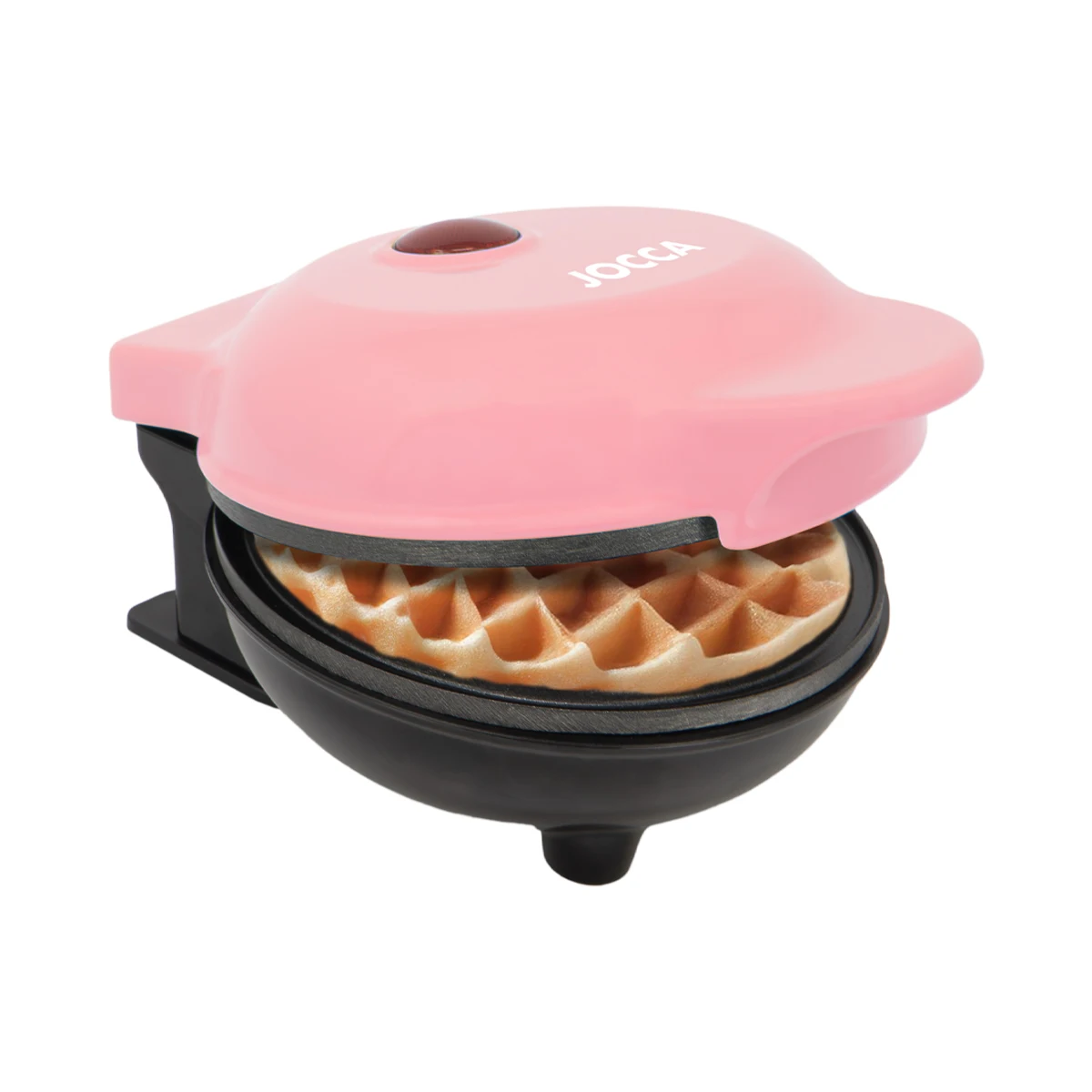 Jocca round pink waffle maker with non-stick plates, compact 12cm design, cable compartment, cool touch housing, 500w power. Perfect waffles in 2-3 minutes - ideal for breakfasts and desserts.
