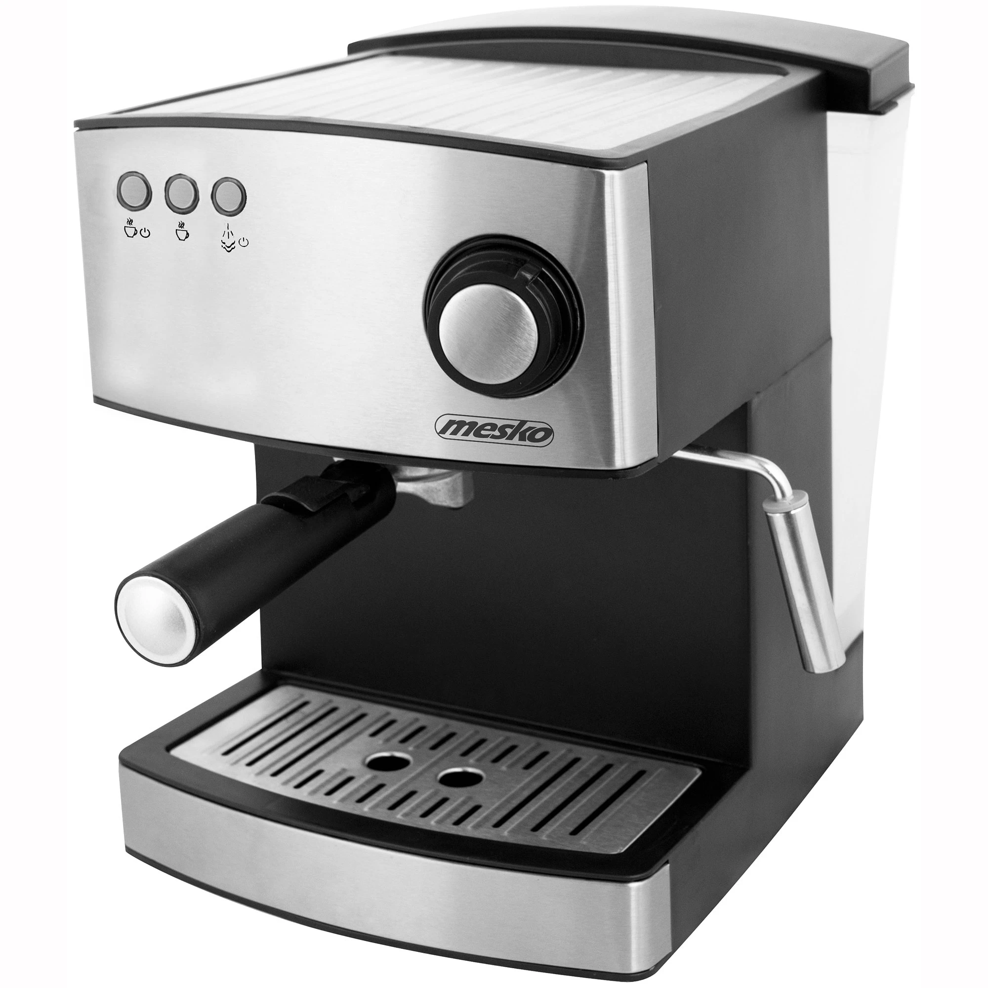 Mesko ms 4403 manual expresso coffee maker 15 bars 1.6 l, double exit arm, milk frother, mug warmer, 850w, silver