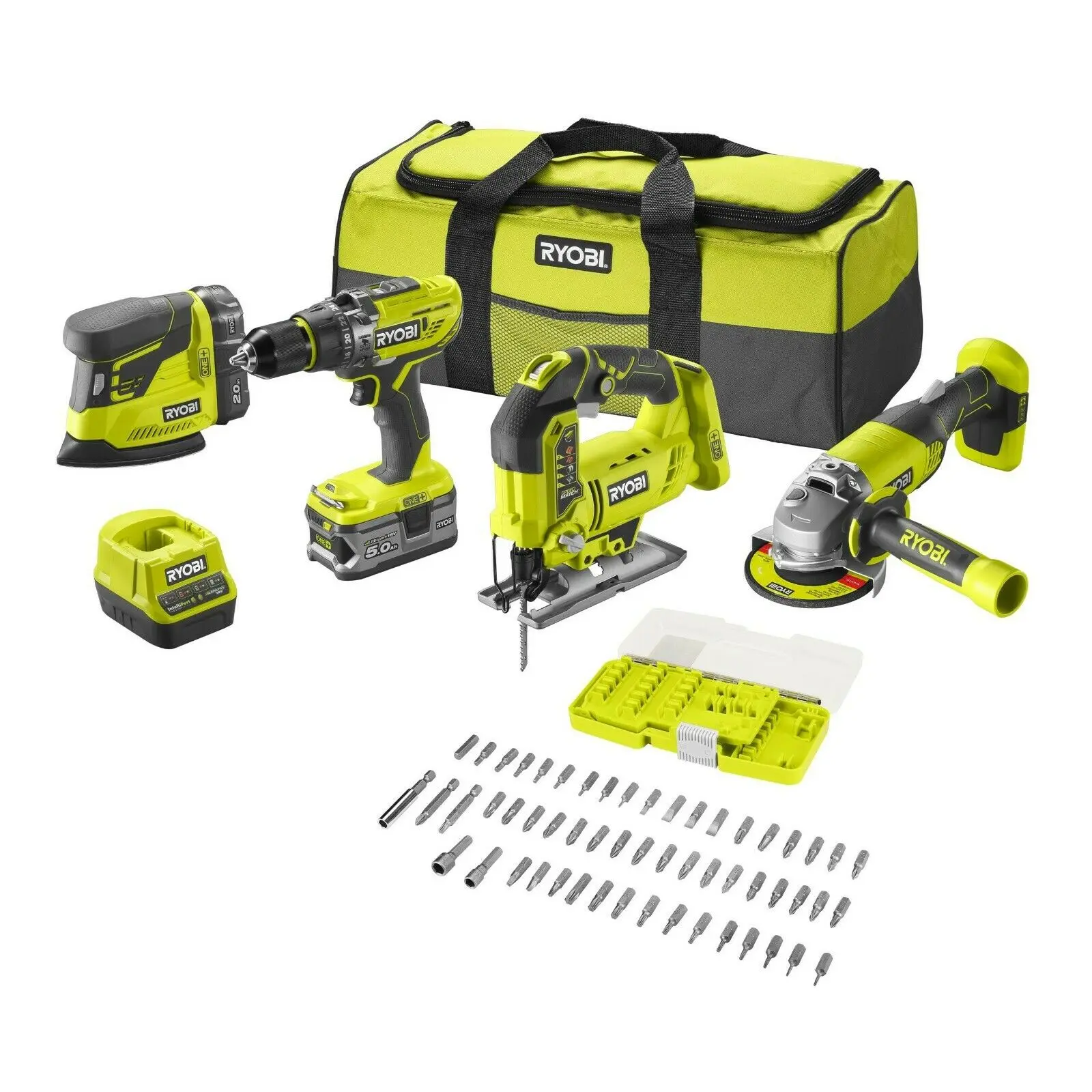 Ryobi hammer drill Combo + 115mm grinder + jigsaw + Triangular Sander + Kit 55 pieces. With charger, 2 lithium batteries and tool bag | R18CK4F-252S 5133004771