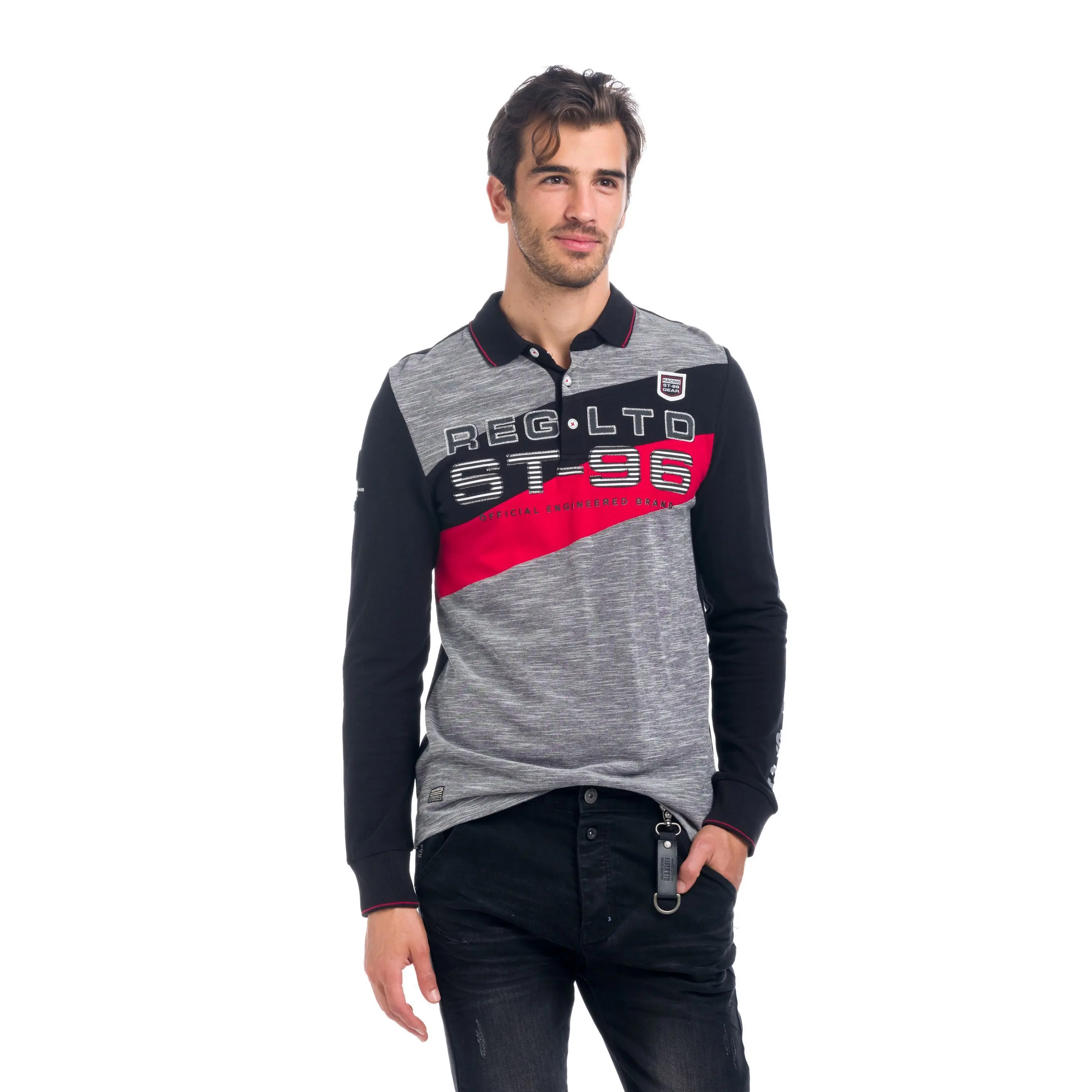 Koroshi - Polo manga larga para hombre 100% algodón con bordado en pecho, diseño jaspeado y franja diagonal negro navy 1821PL09