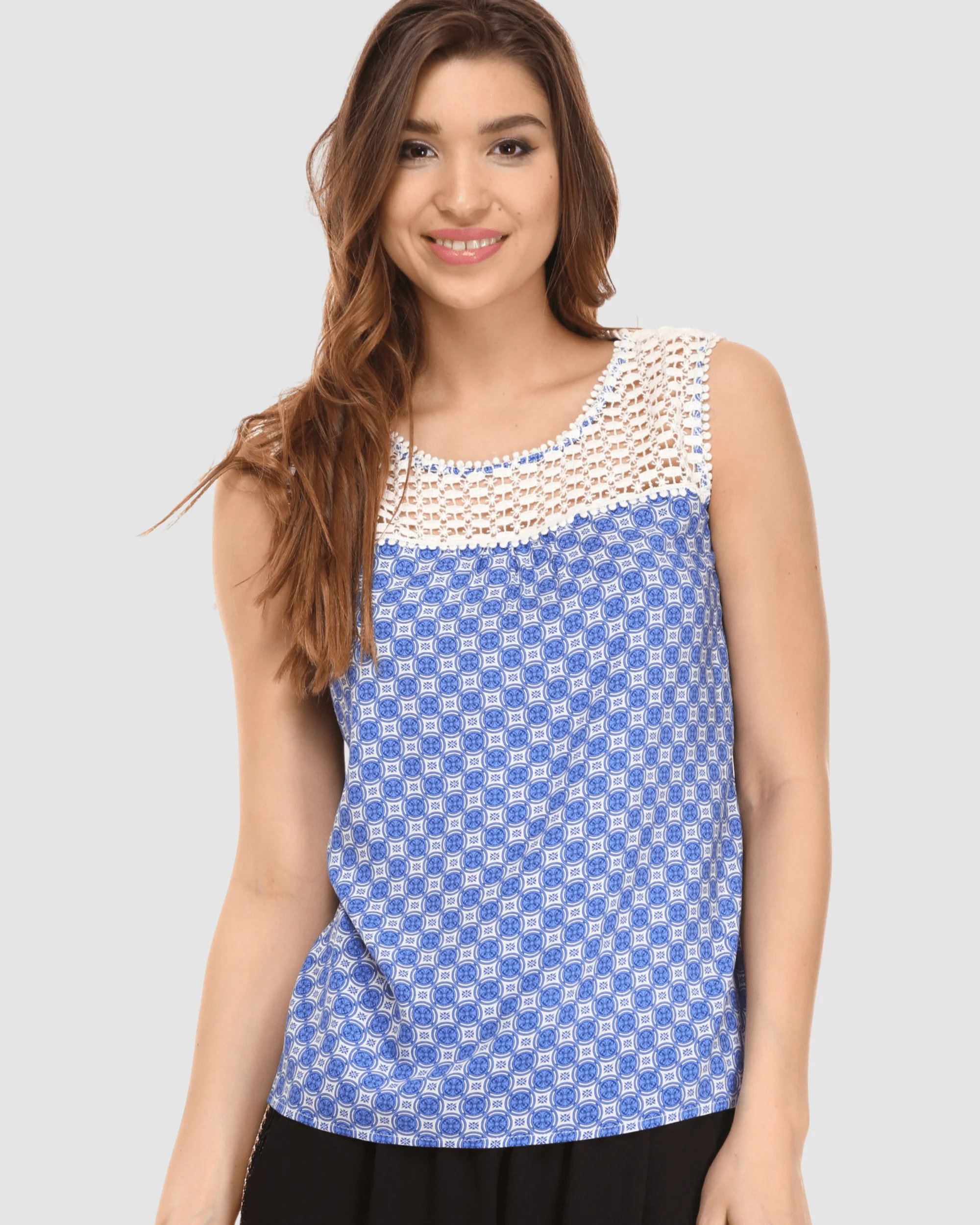 Blusa Sin Mangas Mujer, Top Femenino Estampado Geométrico, Encaje Superior Blanco, Tela Ligera, Casual Elegante, Azul, Talla 38, Ideal Oficina Eventos, Combinable Jeans Faldas, Versátil Cómoda