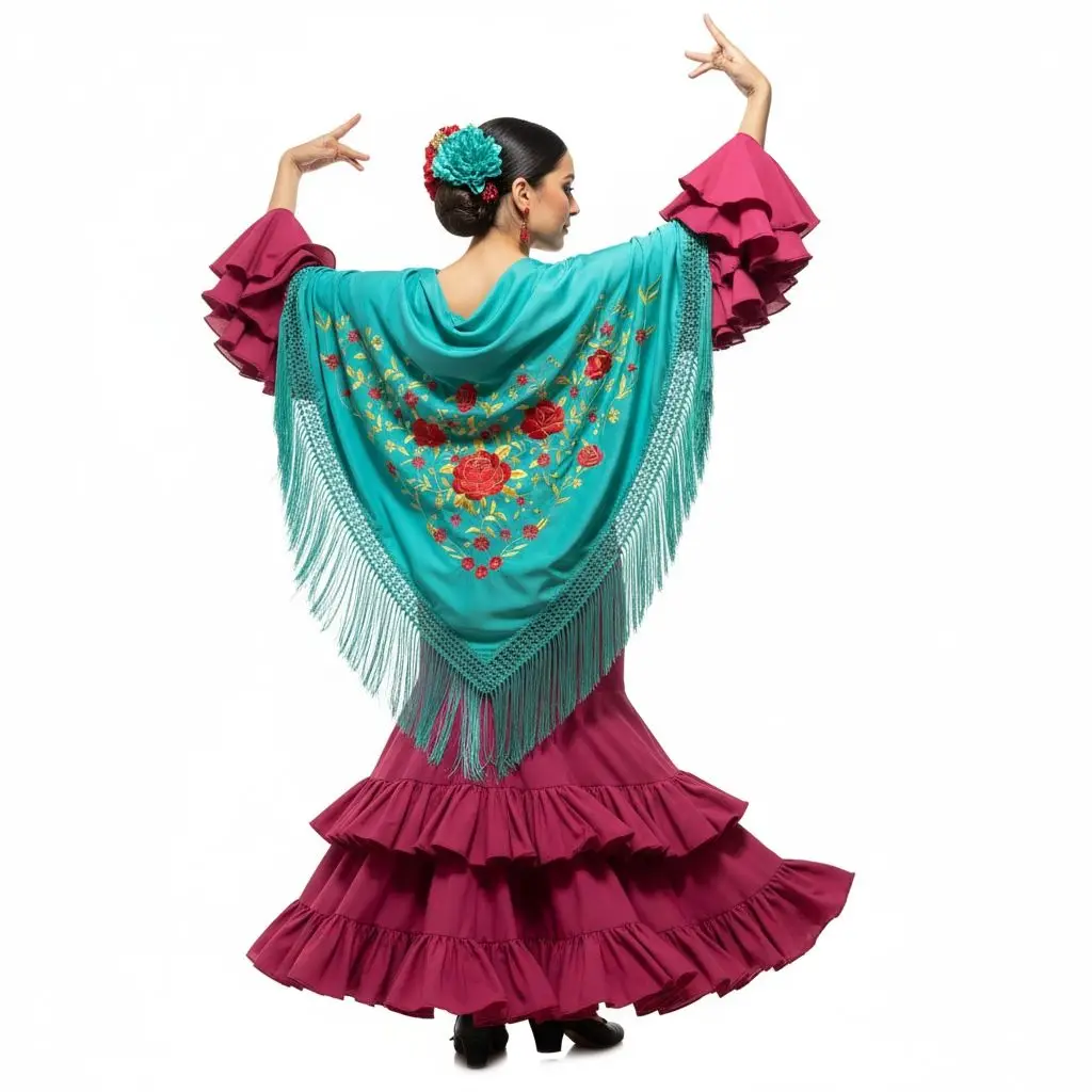Manton Grande de Flamenco de Color Verde Agua/Turquesa con los Bordado Rojo y Dorado