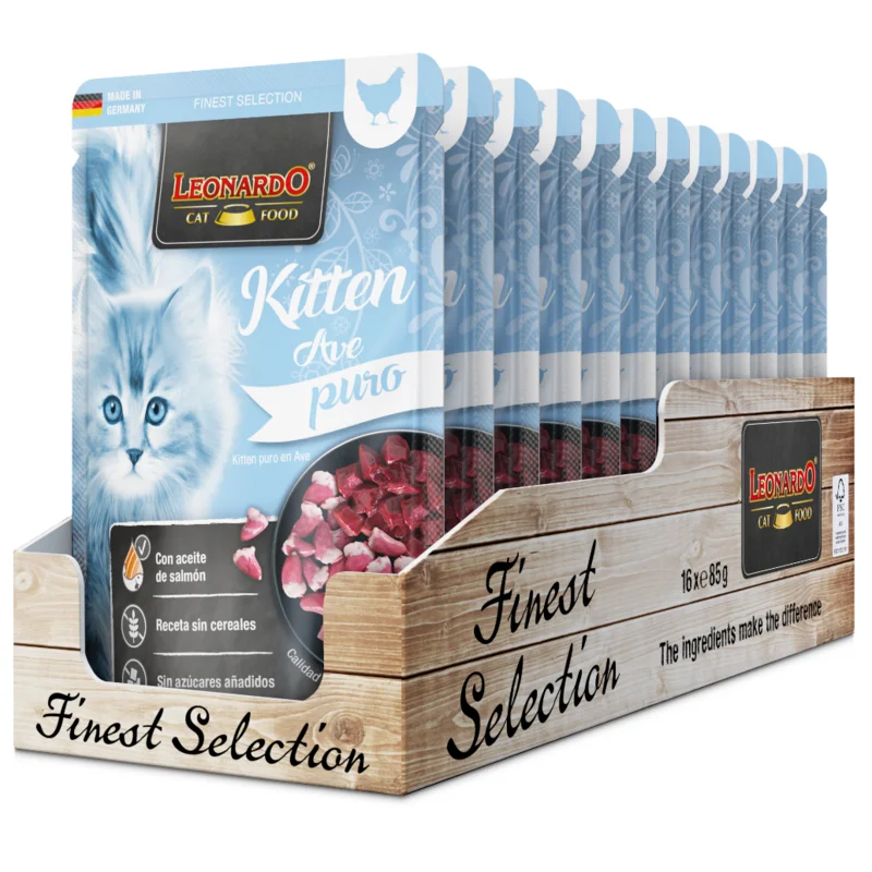 Leonardo Kitten Puro de Ave Sobres de Comida Húmeda para Gatos -16 unidades x 85gr