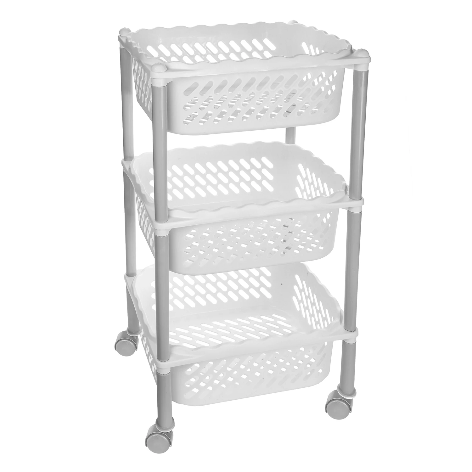 Estantería Multiusos con 3 Estantes color Blanco. Con o sin Ruedas. Tamaño: 39x20x65cm. Carrito de Plástico Rectangular para Verduras, Fruta, Conservas, Documentos, Accesorios. Verdulero de Cocina,