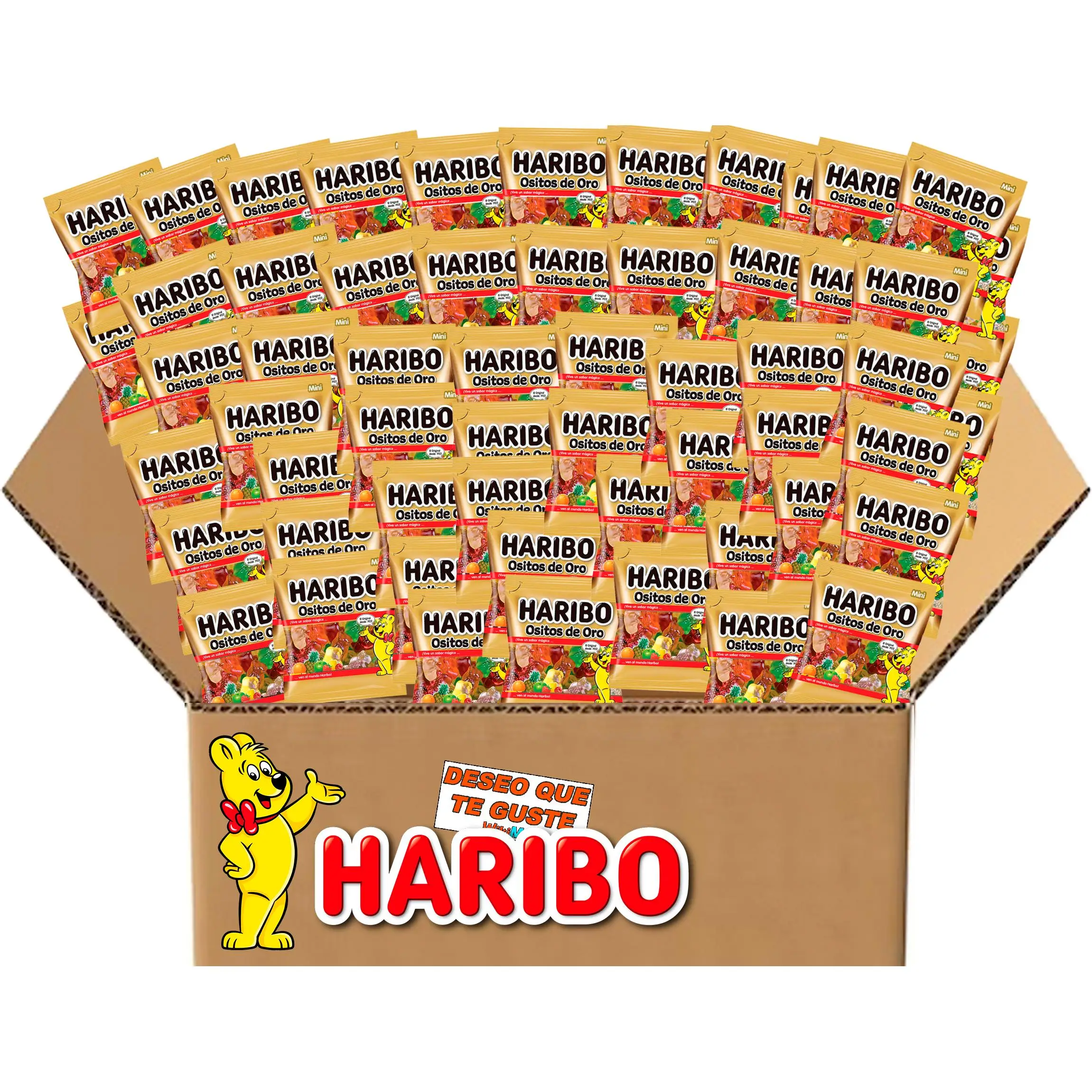 Mini Bolsitas Ositos Haribo con Tarjeta WikiMark "Deseo que Te Guste". Bolsitas de Gominolas Haribo Perfectas para Regalar en Cumpleaños, Comuniones o Bautizos. (100 Bolsitas)