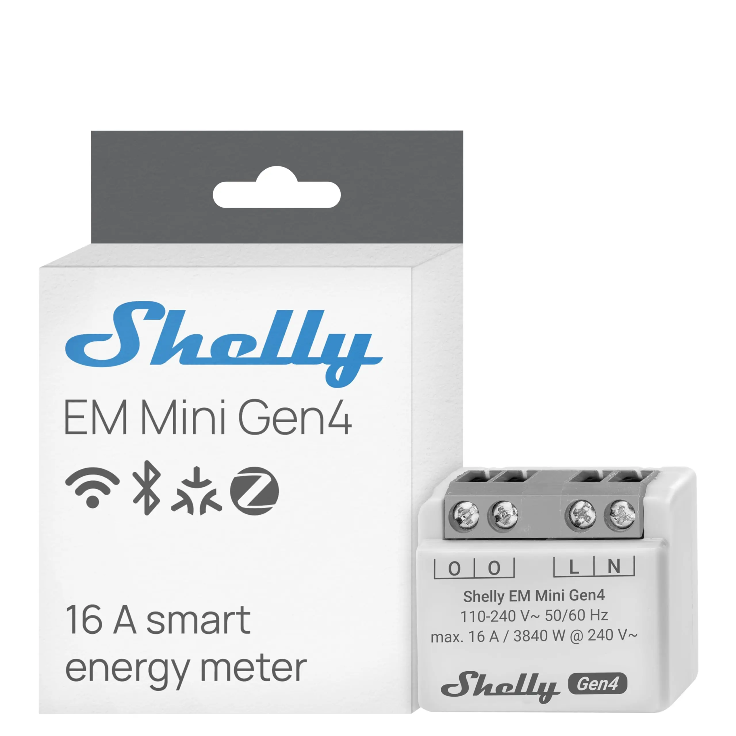 Shelly EM Mini Gen4 – Medidor de consumo eléctrico Matter, Wi-Fi y Zigbee, 1 canal - 16 A 240 VAC, Contador de energía inalámbrico, Amperímetro y Voltímetro, Almacenamiento de datos en la aplicación