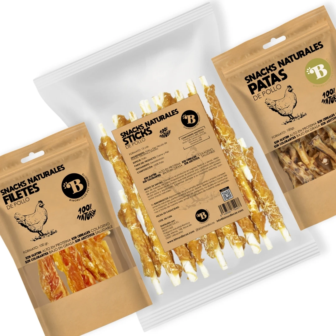 BIMORDISCOS Pack de Pollo para Perros - Snacks Naturales - Patas de Pollo - Filetes de Pollo - Barritas de Pollo