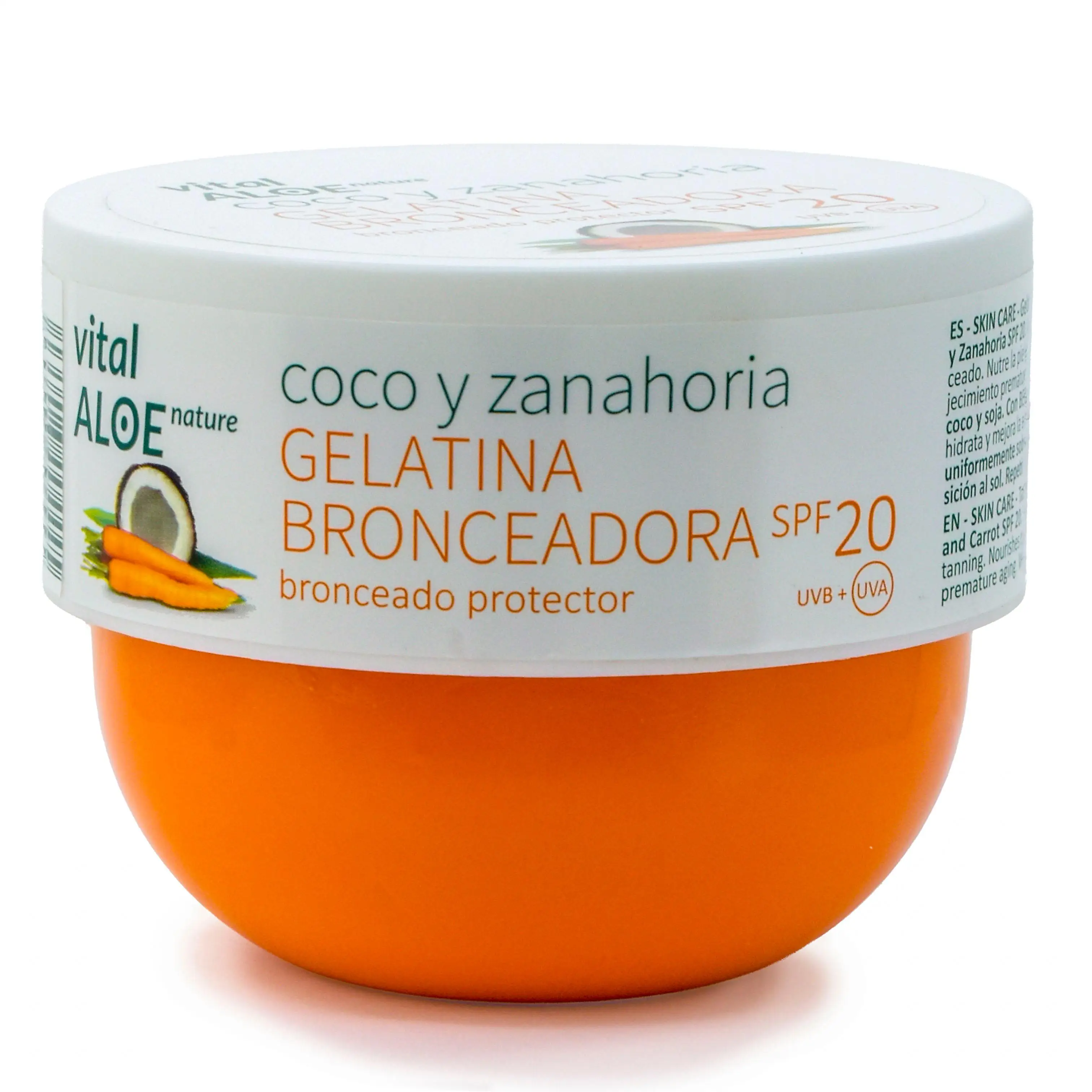 Gelatina Aceleradora del Bronceado de Coco y Zanahoria 200 ml | Bronceador Corporal con SPF 20 | Potenciador del Bronceado Natural, Hidratante y Protector | Con Betacarotenos, Sin Parabenos
