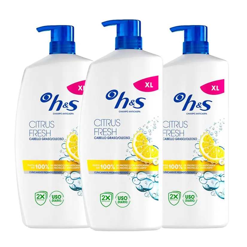 H&S Citrus Fresh Champú Anticaspa para Pelo Graso, 2400ml, con Dispensador. Hasta 100% de Protección Anticaspa, Clínicamente Probado. Para Uso Diario. Frescor y Limpieza con Aroma a Cítricos 3x800ml