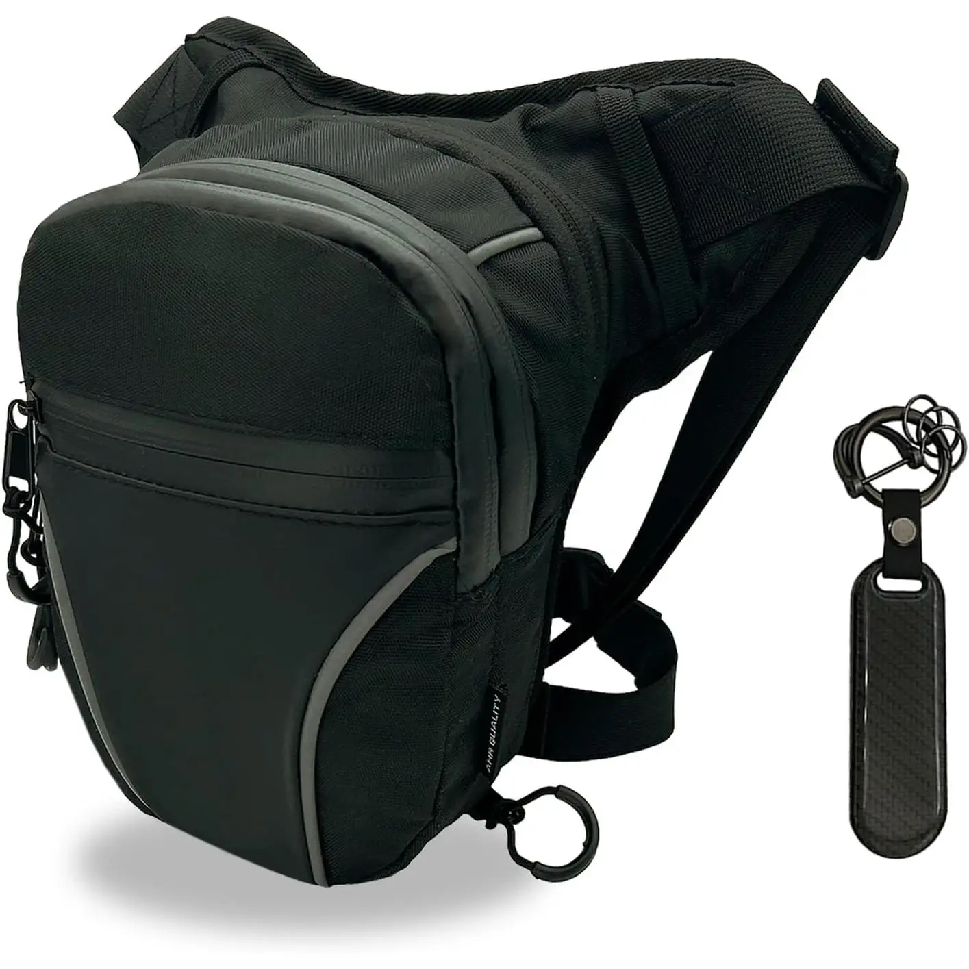 AHR Quality Pernera Moto (+ Llavero) con Tiradores Técnicos - Riñonera Moto Bolsa Pierna Moto Riñonera Pierna para Hombre y Mujer Lateral Táctica Mujer 3 Bolsillos y Doble Sujeción Negro