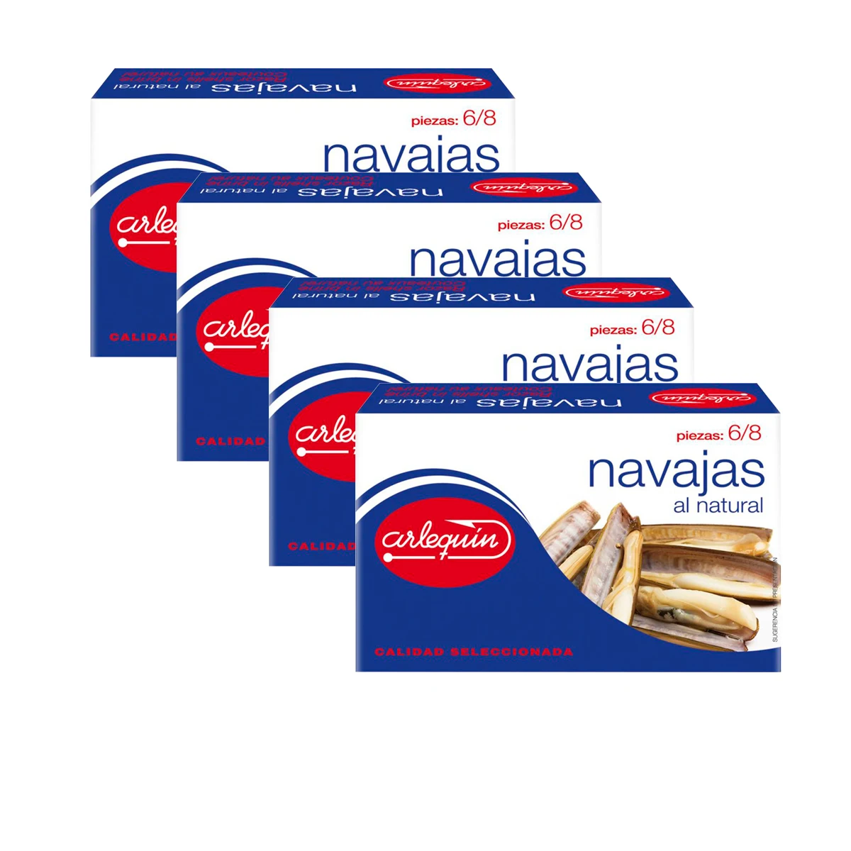 ARLEQUIN Navajas al Natural, Pack de 4 Latas de 120 grs. y 4/8 Unds (480 grs y 16/32 unds)