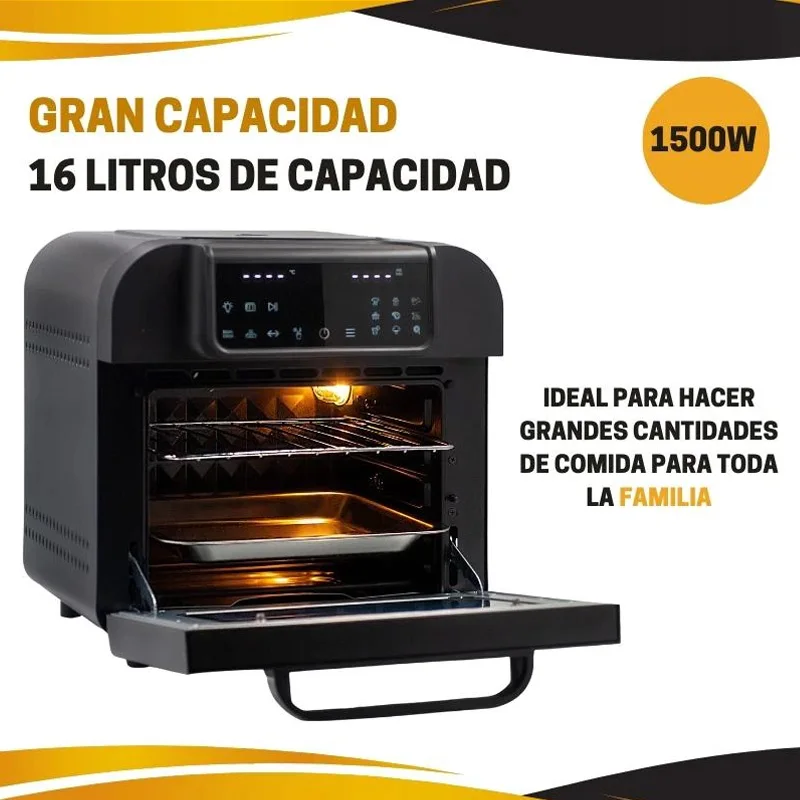 Ostarkdom horno sobremesa multifuncionar 16L opcion dual cook, freidora de aire sin aceite, Horno tostador, Pantalla táctil, 1500W, Capacidad 16 Litros, regulable hasta los 230°, temporizador de hasta