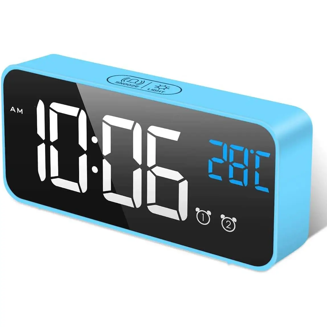 Digital Alarm Clock with Temperature LED Display, Portable Mirror Alarm with Alarm Double Time Repeat 4 Levels Dimmable Brightness Dimmmer 10 Music USB Charging Port