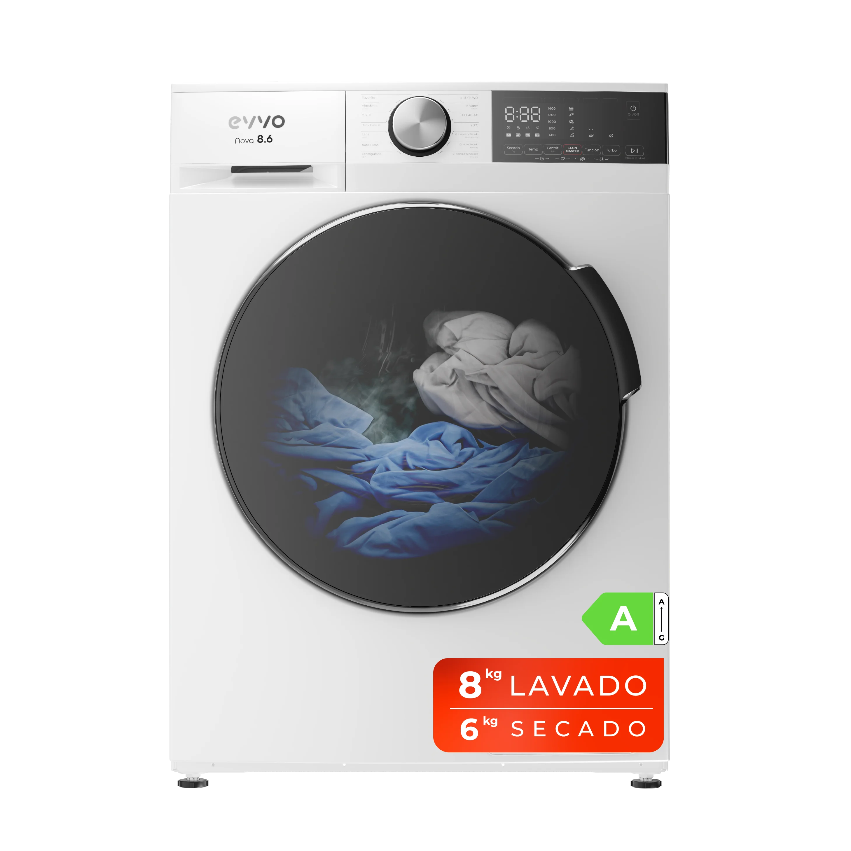 EVVO Lavadora secadora 8 kg + 6 kg carga frontal Nova 8/6, 1350 rpm, Clase energética A, Función vapor, Motor Inverter