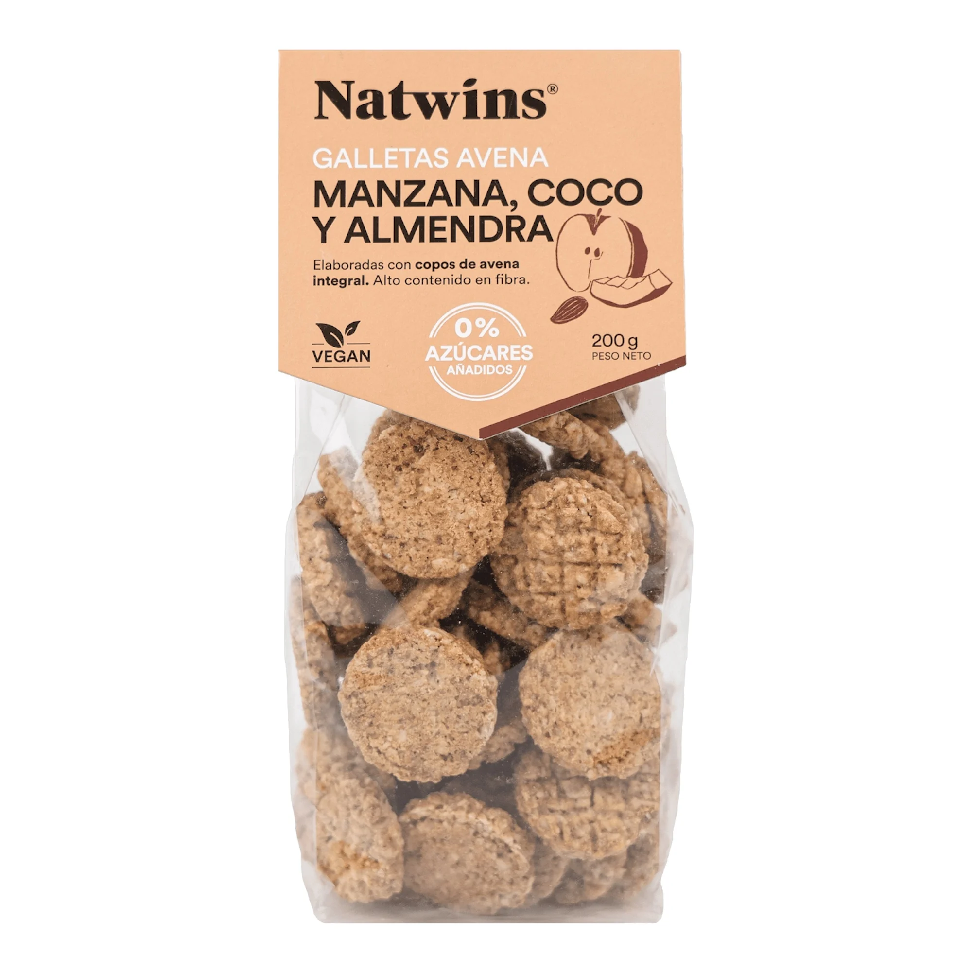 Galletas Natwins de Avena, Manzana, Coco,  y Almendra. PRODUCTO VEGANO - LIBRE DE GMO.   (Cj/10 Unidades)