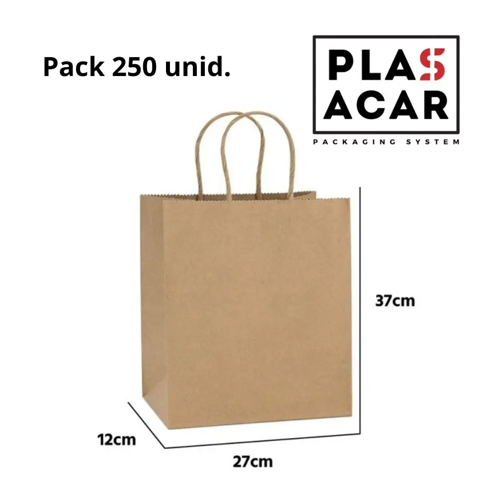 Plasacar S.L.-Bolsa Papel Kraft Asa Rizada 27+12x36cm comercios ecommerce (Pack 250 Unid.)