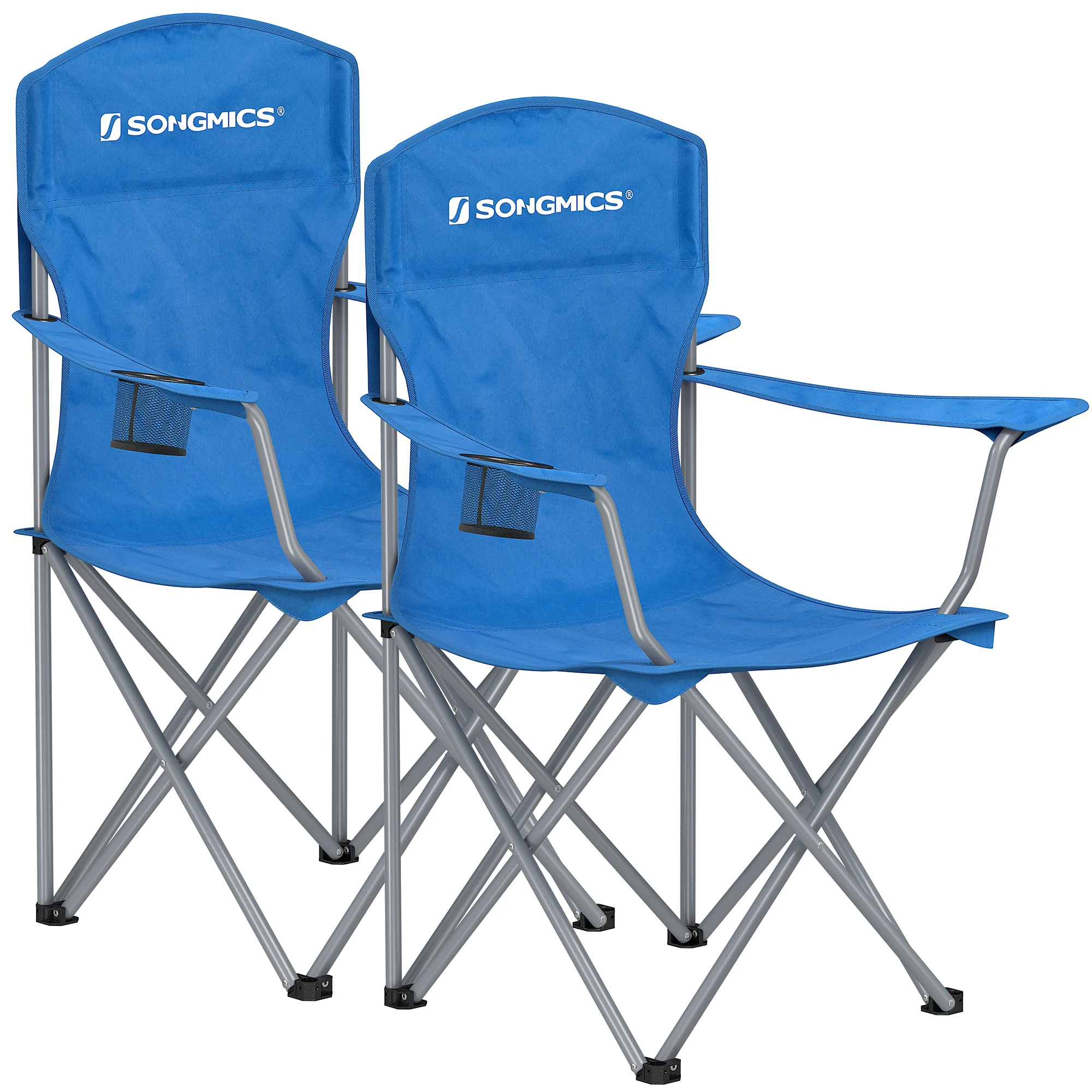 SONGMICS Sillas de Camping, Juego de 2 Sillas de Exterior, Respaldo Alto, Apoyabrazos, Bolsillo para Tazas, Portátil, Plegable, Carga de 150 kg, Acampada, Jardín, Pesca, Terraza, Azul/Gris