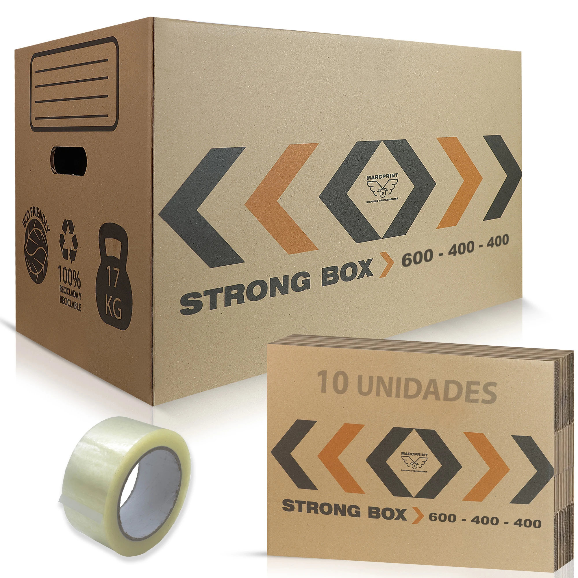 MARCPRINT Pack 10 Cajas Mudanza + PRECINTO - Cajas Carton Mudanza (55x35x35cm) Reforzadas y Resistentes - Cajas de Carton Certificación FSC - Cajas de Cartonn Mudanza 100% Reutilizables