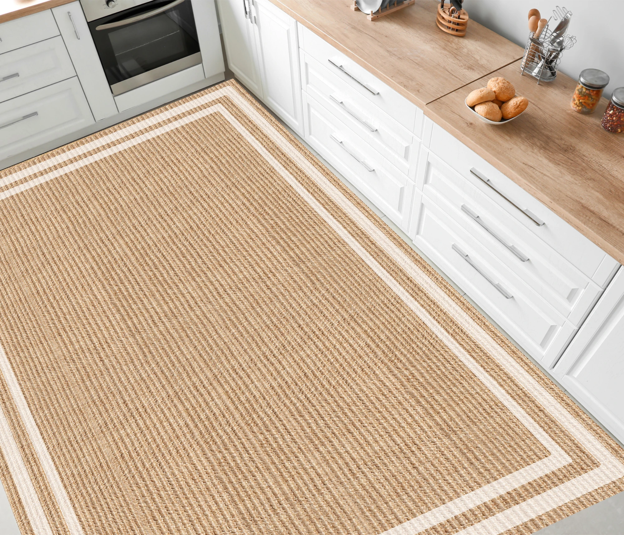 Viniliko, Alfombra de vinilo de alta calidad, acabado liso que facilita su higiene, con impresión de estampado de fibras naturales, Modelo AGNAN, disponible en medidas: 50x100, 50x140, 66x100, 66x150, 66x180, 66x250, 80x300, 100x133, 133x200 y 200x266