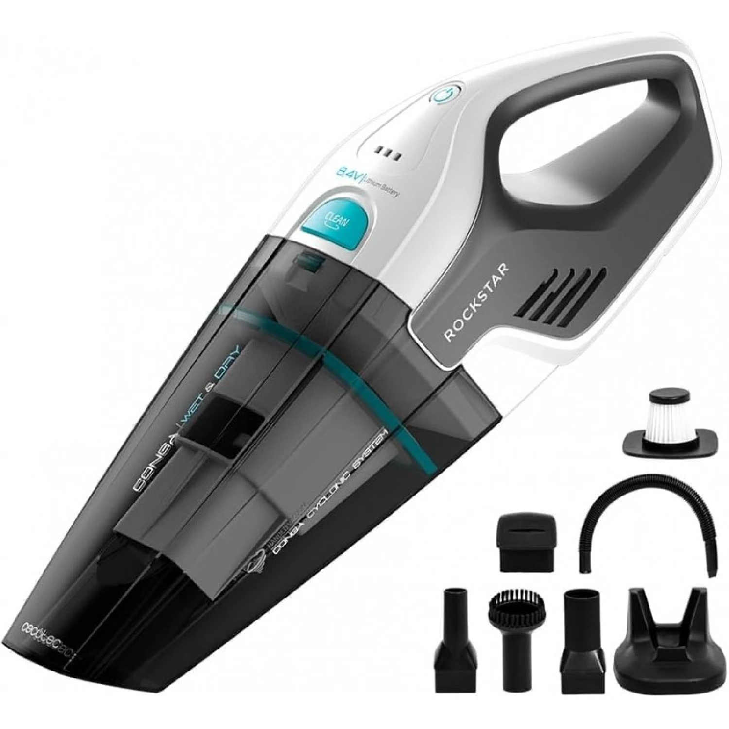 Cecotec Aspirador de Mano sin Cable Conga Rockstar Hand 8,4V. 50 W, Sin Bolsa, Sólidos y Líquidos, Autonomía 20 mins