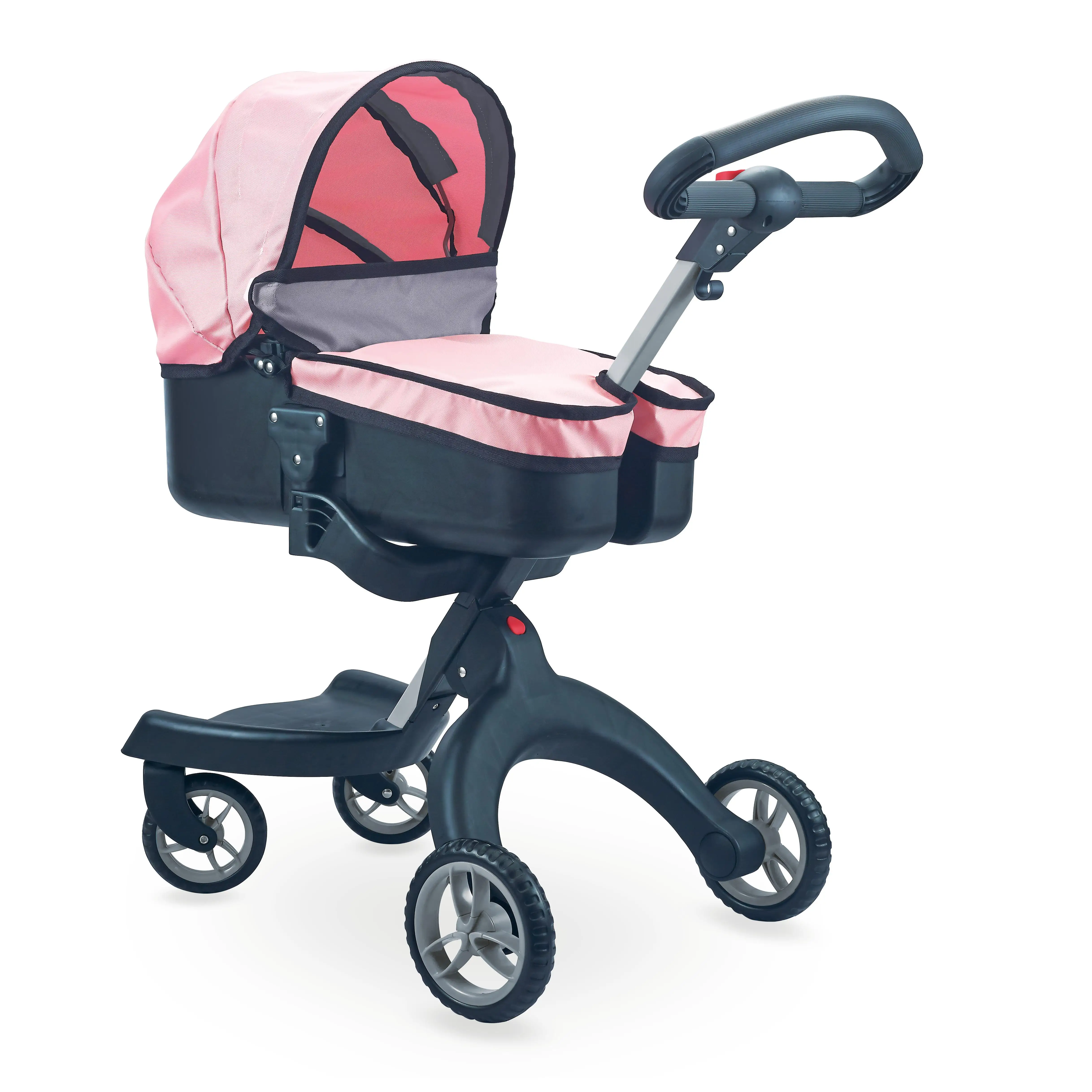 Carro de muñeca. Carrito moderno de muñecas en color rosa con gris (FL9136) REGALO PORTABEBÉ para muñecas. El carrito incluye capazo con capota y cubre capazo. Fácil de montar, Calidad al mejor