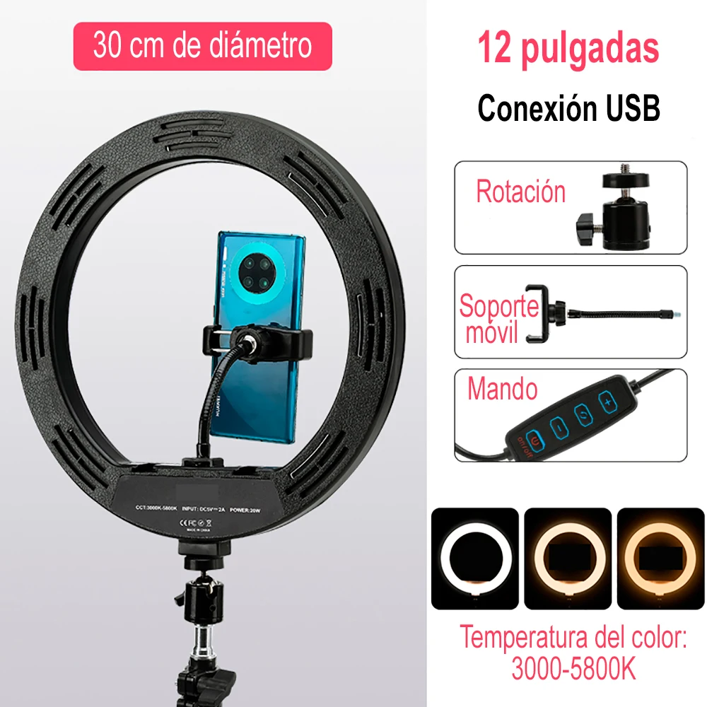 Led light ring 30 cm diameter |   12 inch ring light for mobile phones or cameras |   Selfies, photography, makeup, youtube, tik tok live |   Usb cable and controller |   Revolutionline brand