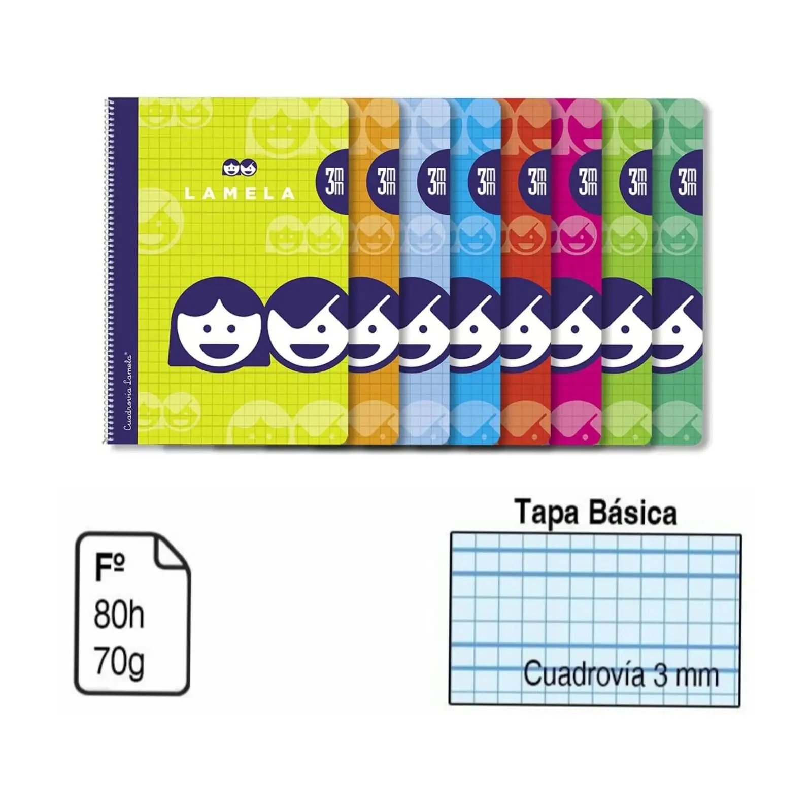 BLOC ESPIRAL Lamela cuadrovia 3mm A4 pack 5u/10U Cuaderno colores surtidos aleatorios no repetidos tamaño folio con tapa de carton flexible blanda  80 hojas. Bloc espiral tamaño Folio 80 hojas.70 G