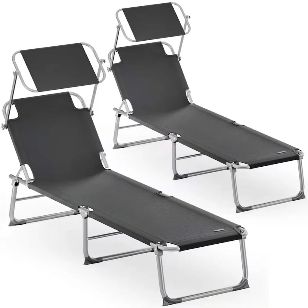 MIMO 2-Piece Set Foldable Aluminum Sun Lounger with Canopy and Side Pocket, 150kg Weight Capacity, Weather-Resistant Garden Lounge Chair – Silla de playa plegable ideal para jardín, terraza o piscina,