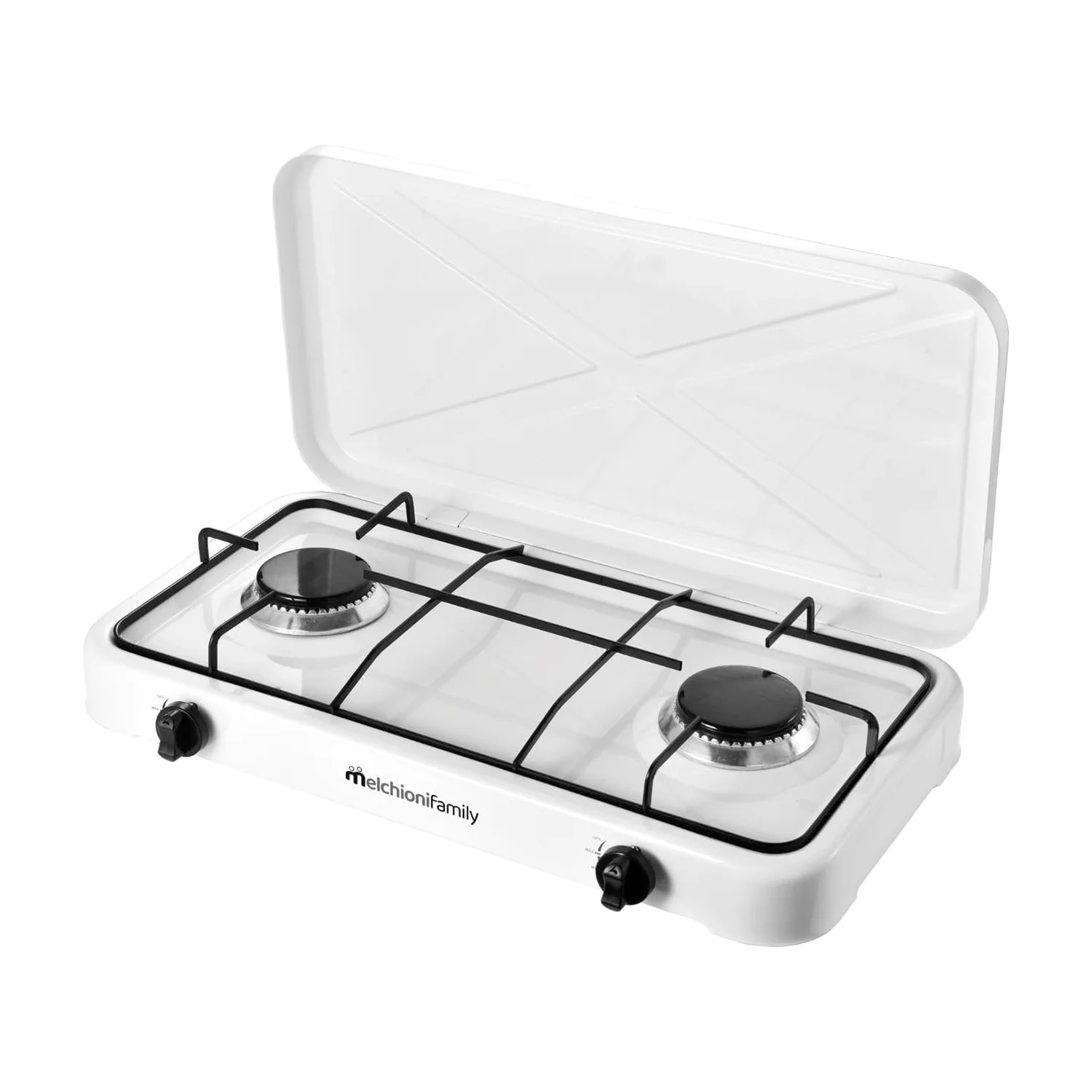 Hornillo de Gas Melchioni Family Minerva New 2 Doble Quemador, Portátil, Para exterior, Acero Esmaltado, Blanco o Negro