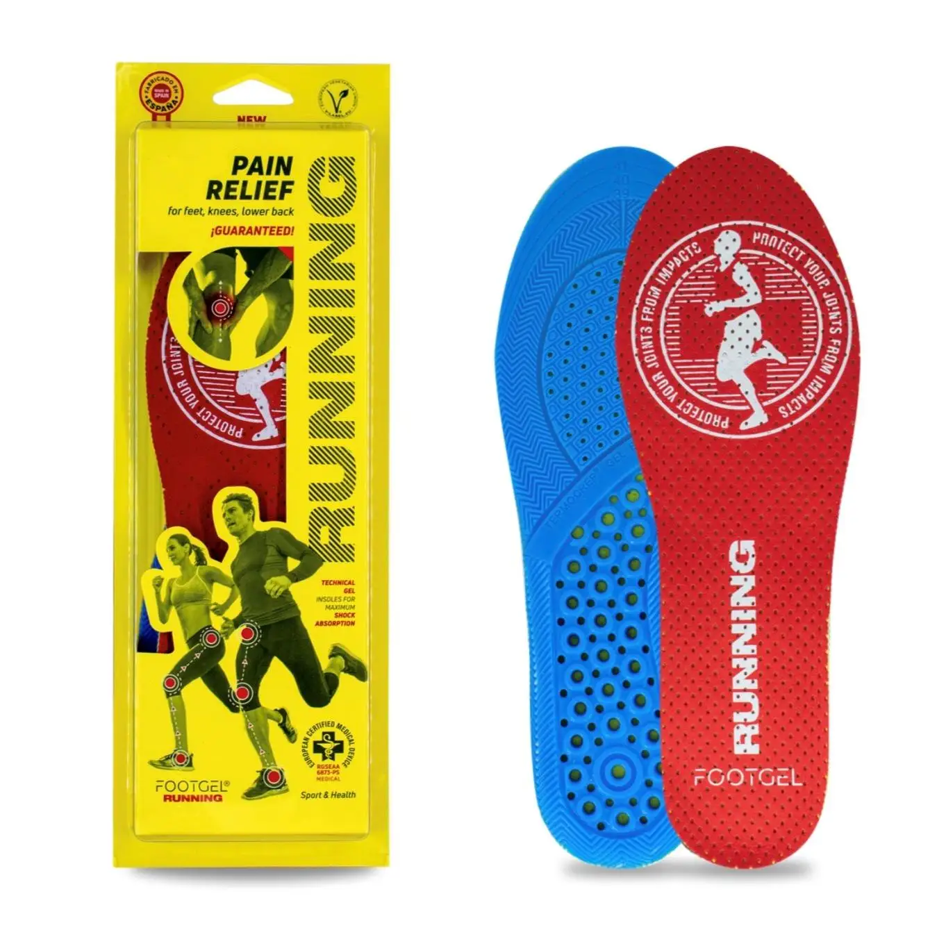 Plantilla footgel RUNNING, indicada para ALIVIAR y PREVENIR el DOLOR en la cadena de impactos en los corredores amateurs y profesionales, para niños y adultos