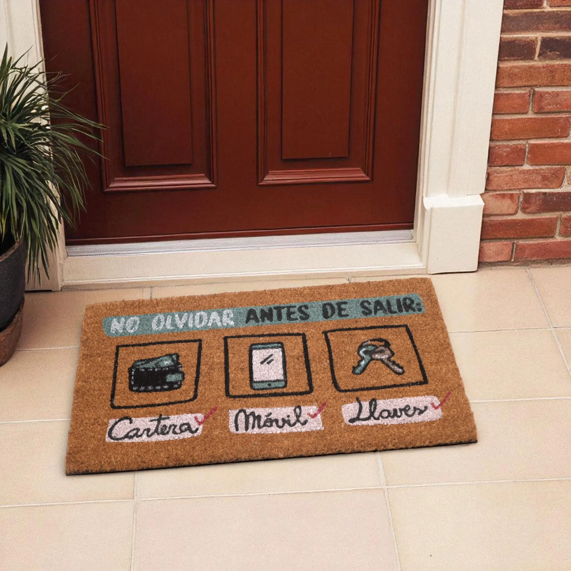 Fun doormat 40x70 cm – “don't forget: wallet, mobile phone, keys” |   Natural coconut fiber with non-slip base |   Entrance mat for outdoor and indoor