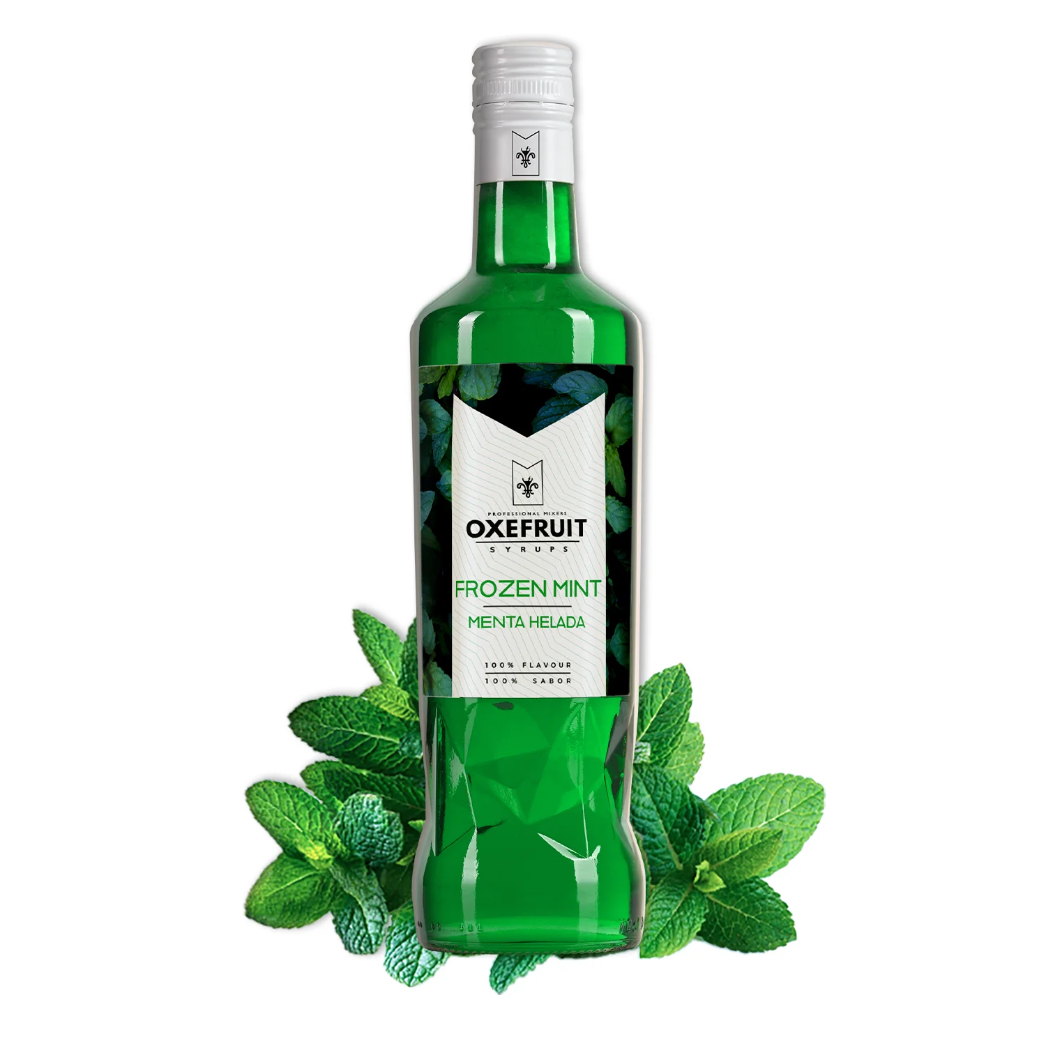 SIROPE DE MENTA HELADA Oxefruit Professional Mixers. Producido a partir de concentrado de menta helada, con auténtico sabor, creado para la elaboración de cócteles y bebidas no alcohólicas como mocktails, batidos y también para repostería.