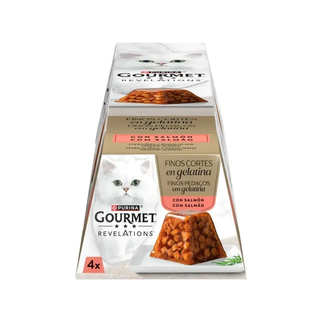 GOURMET Revelations Gelatina con Salmón (4x57gr) - Comida Húmeda en Pirámide de Finos Cortes para Gatos Adultos