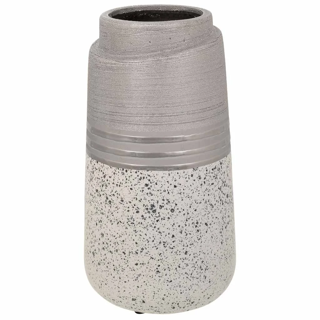 WANDERLUST DECO Jarrón de Cerámica Blanco y Gris con Detalles en Plata Brillante y Mate - 13x13x24.5h Cm